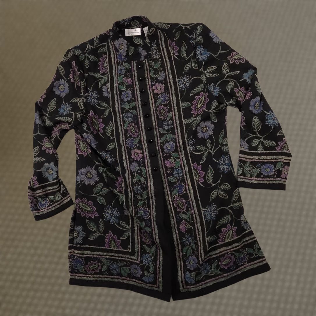 Liz Claiborne Liz Claiborne Jacket Womens 12 Black Floral Border Print Tunic Long Sleeve Top Size XL / US 12-14 / IT 48-50 - 1 Thumbnail
