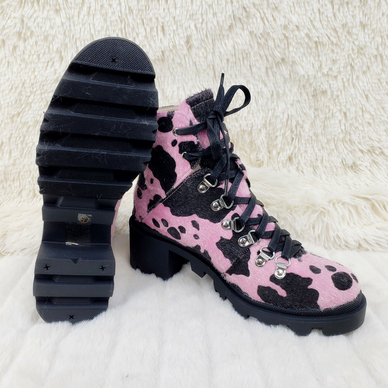 Other Kick Azz Lace Up Lug Sole Combat Ankle Boots Faux Fur Pink C Size US 7 / IT 37 - 8 Thumbnail