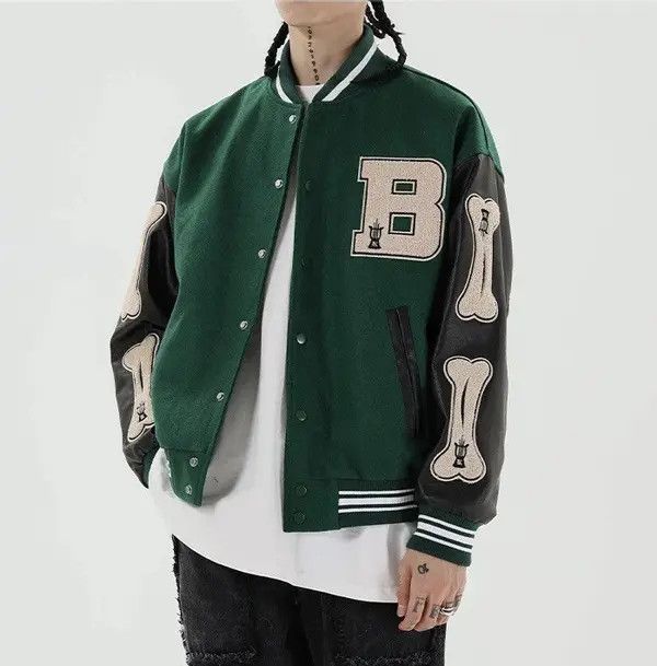 Skeleton Patchwork Graphic Embroidered Varsity Jacket y2k