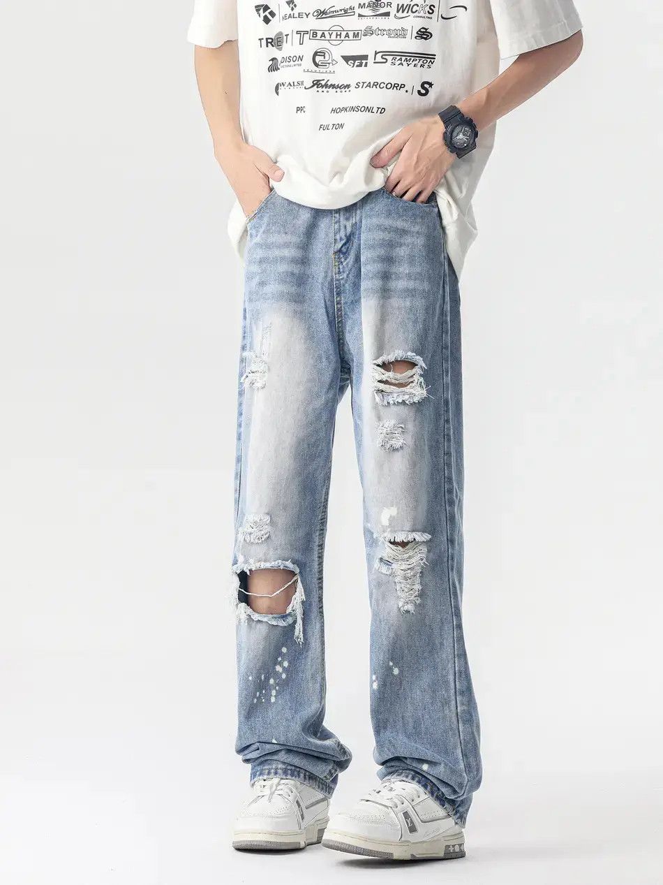 Japanese Brand Retro loose splashed ink straight leg ripped jeans Size US 32 / EU 48 - 3 Thumbnail