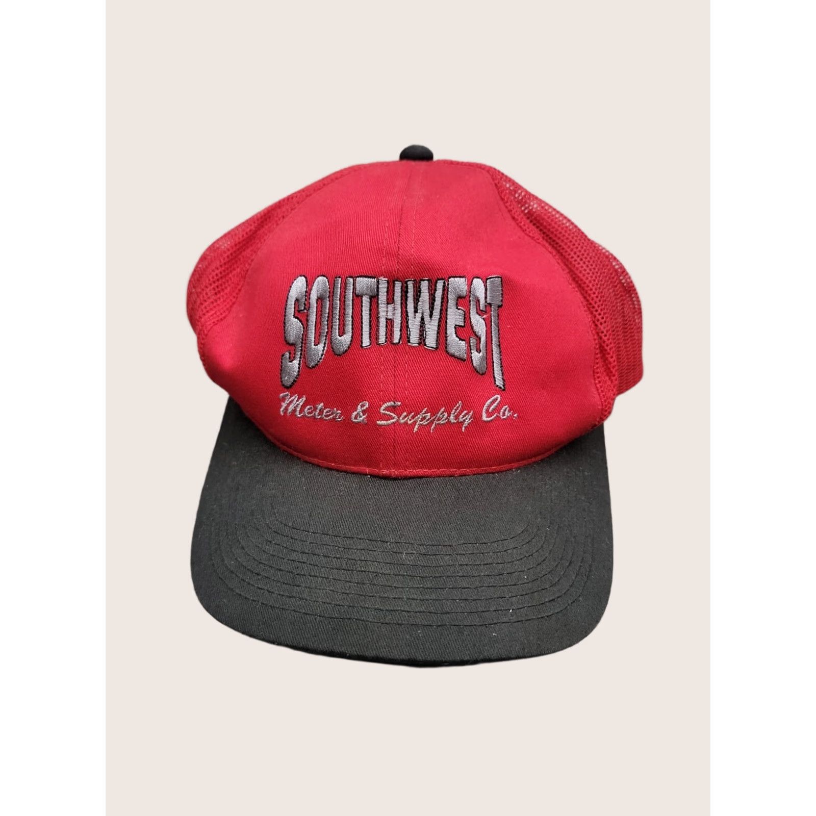 Vintage Red Trucker Snapback Hat Southwest Meter & Supply Co Work Cap Hat Unisex Adults Adjustable Red Cotton Logo 90s Vintage? Size ONE SIZE - 1 Thumbnail