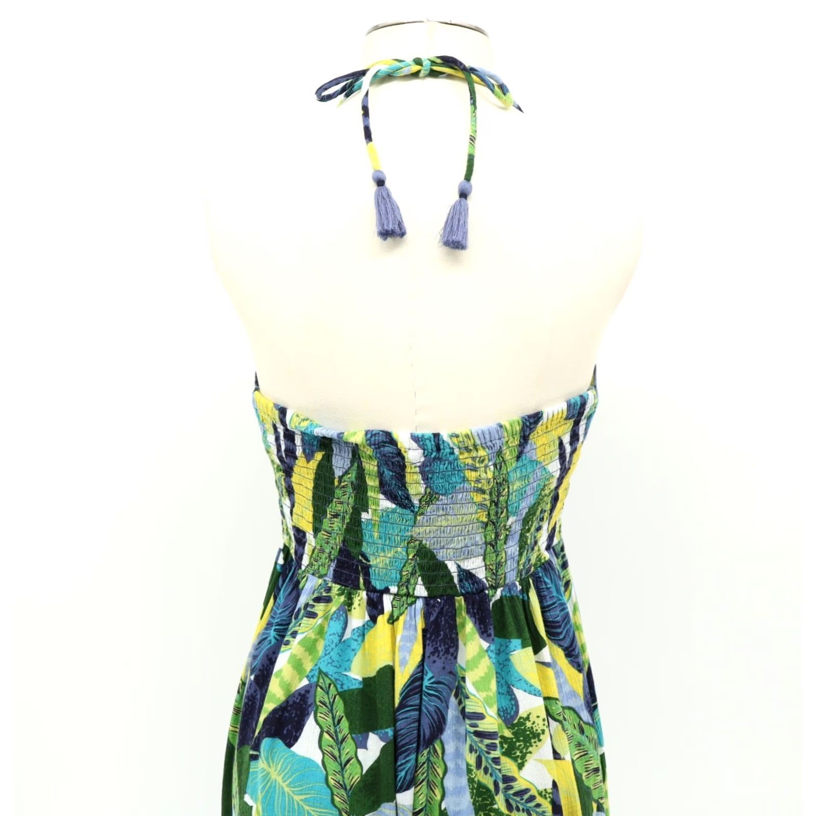 Vintage Aerie Maxi Dress Halter Cotton Viscose Floral Blue Green Yellow Sleeveless Strappy Neckline Halter Coastal Resort M Womens Tropical Theme Size M / US 6-8 / IT 42-44 - 5 Thumbnail