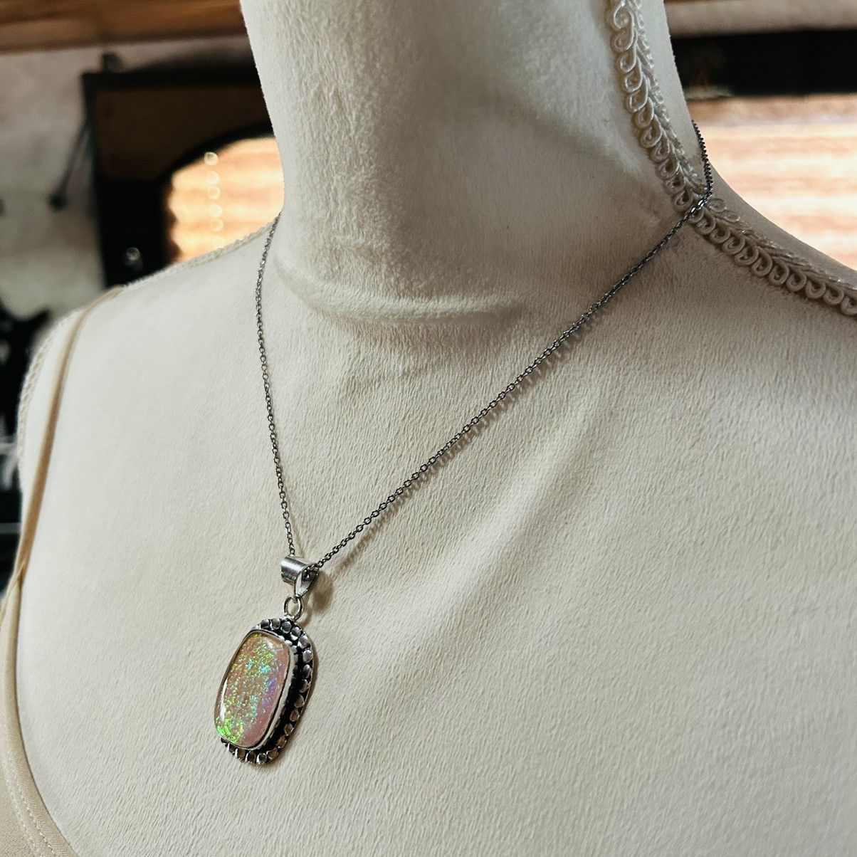 Handmade Handcrafted framed simulated opal 925 sterling necklace Size ONE SIZE - 4 Thumbnail