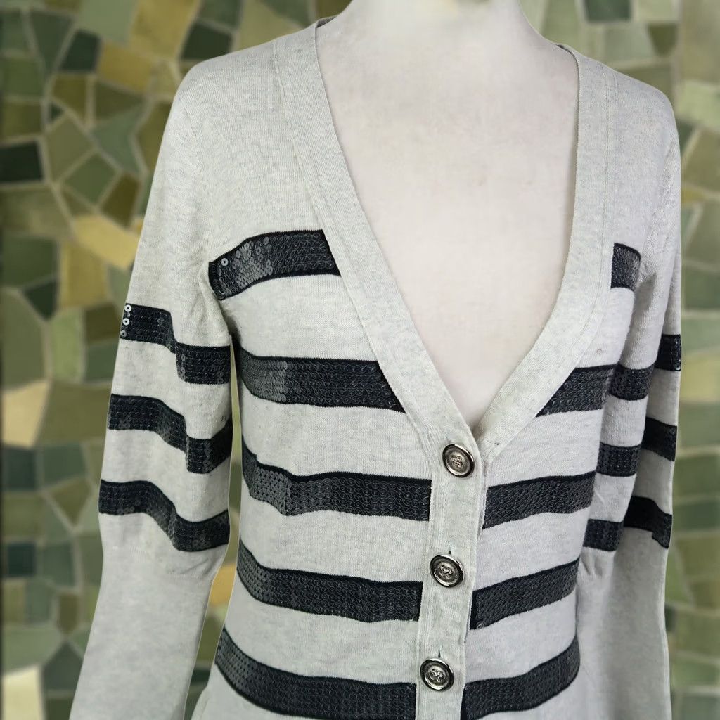 Vintage VINTAGE Charlotte Russe Cardigan Sweater Sequin Stripe Grey Black Sequin Knit 100% Cotton S Womens Mens? Size S / US 4 / IT 40 - 1 Thumbnail
