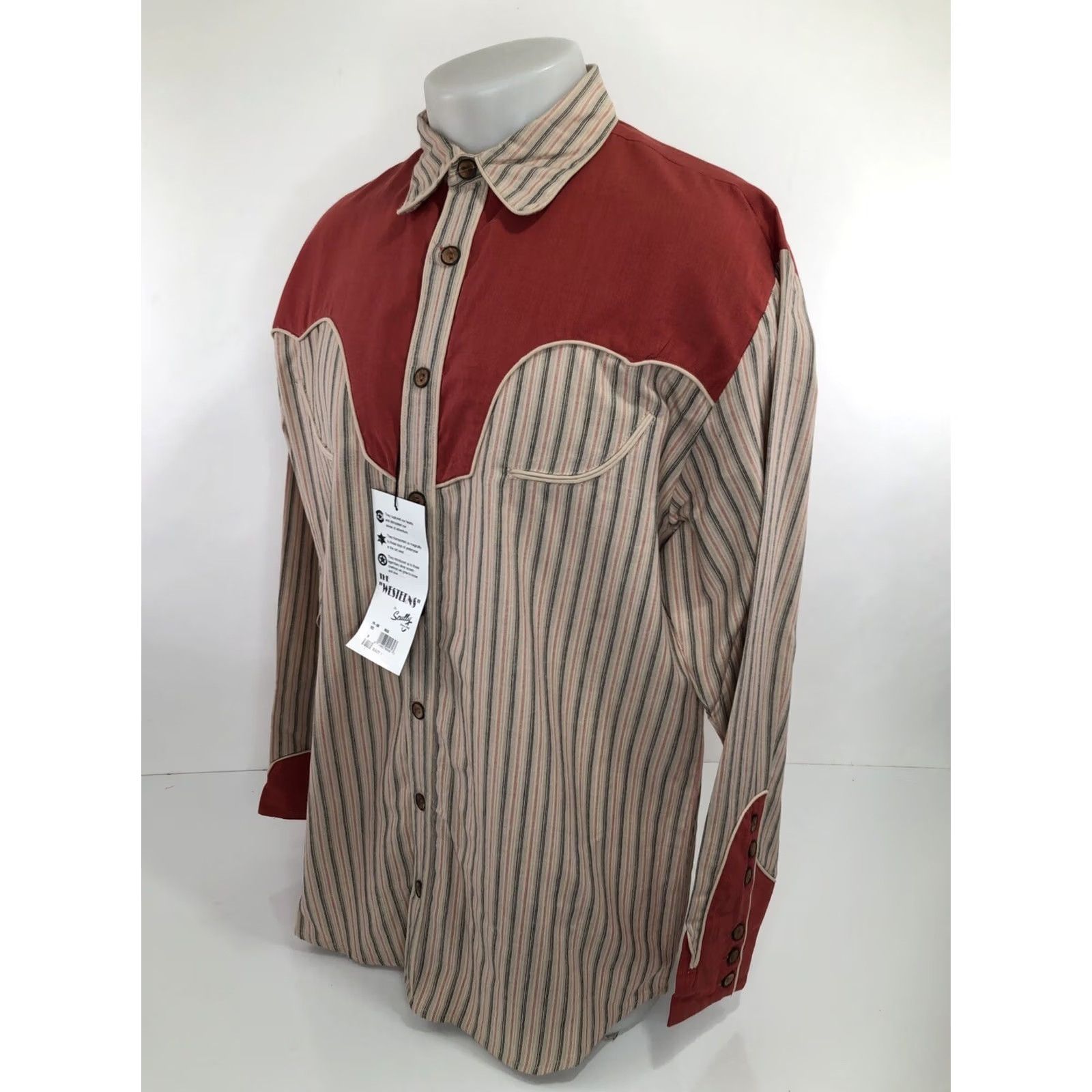 Scully Scully Shirt Men M Striped Western Vintage NEW w TAG Button-Up Long Sleeve Red Black Tan 90s/Mack Collection JC2) Size US M / EU 48-50 / 2 - 5 Thumbnail