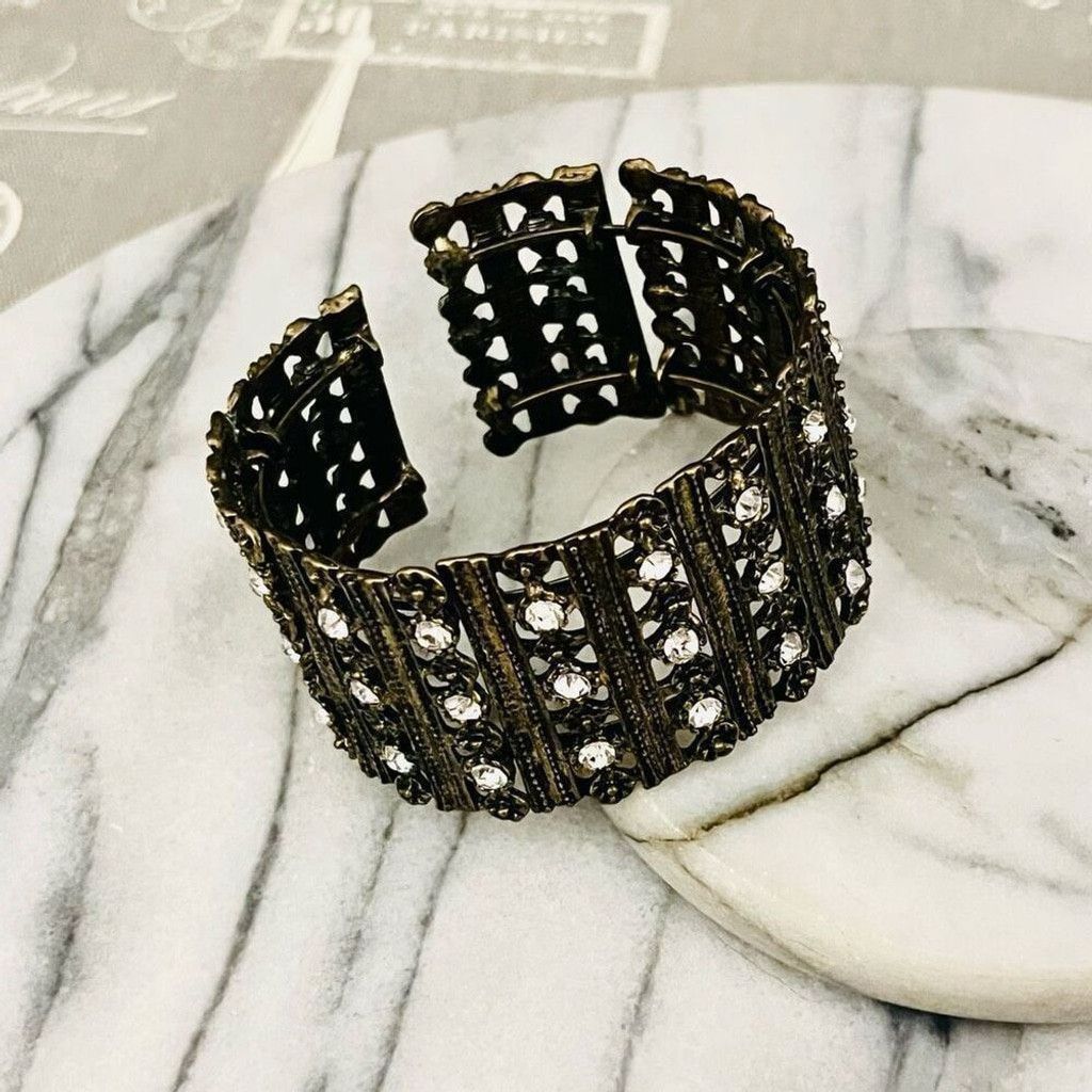 Vintage Antique Gold Toned Cuff Bracelet Clear Rhinestone Wide Size ONE SIZE - 1 Thumbnail