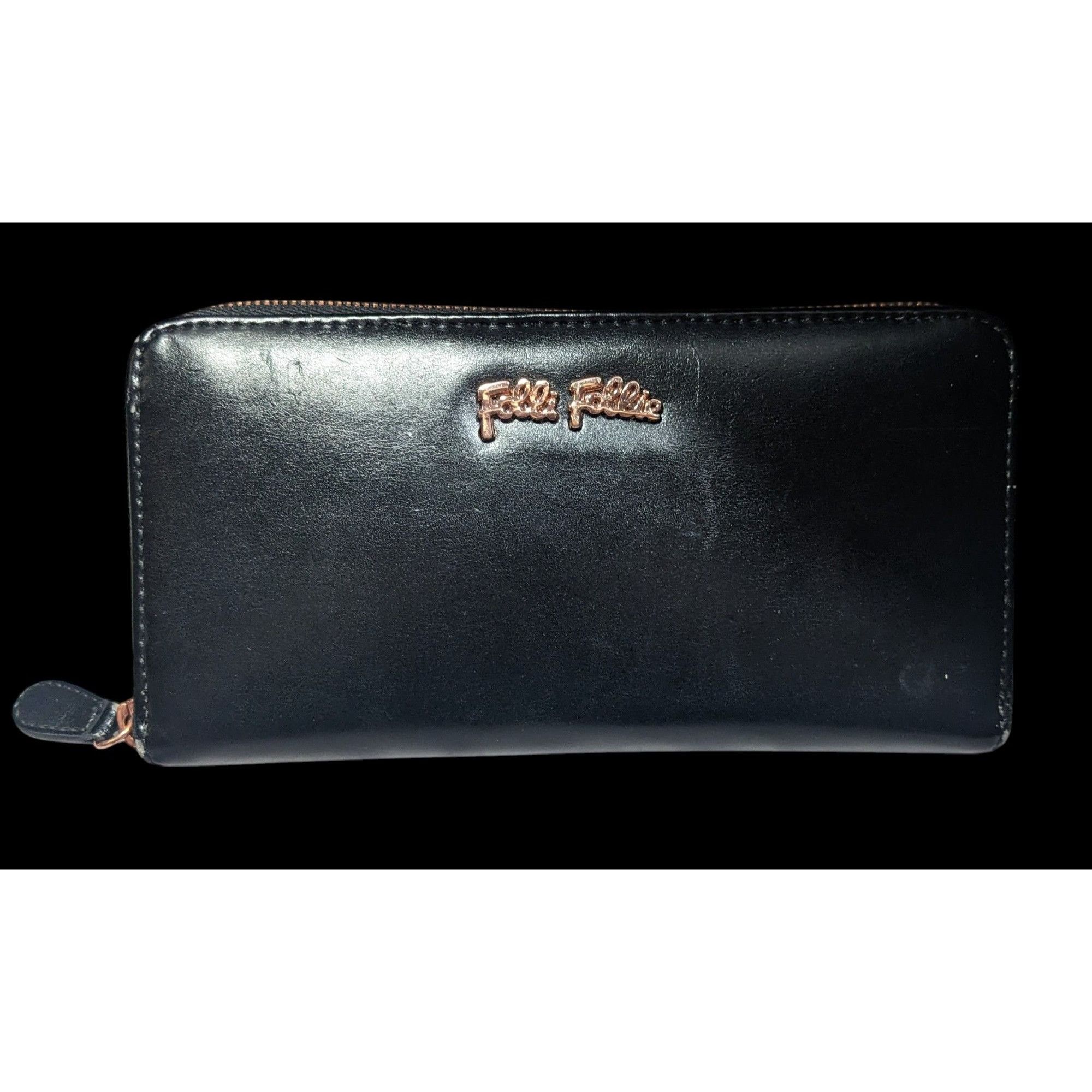 Folli Follie Black Leather Zip Wallet With Rose Gold Tone Ac