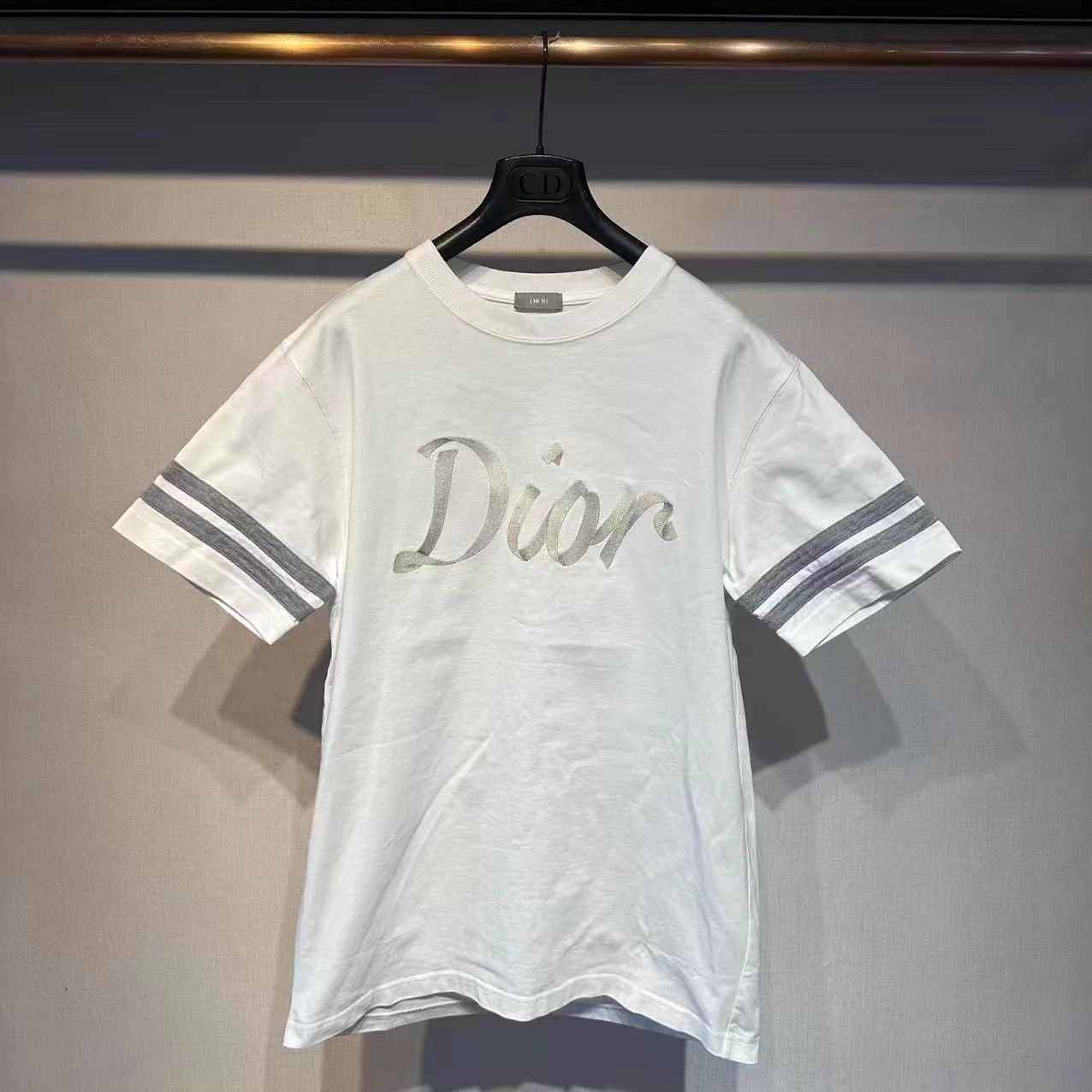 White Short Sleeve Shirt with Striped Cuffs