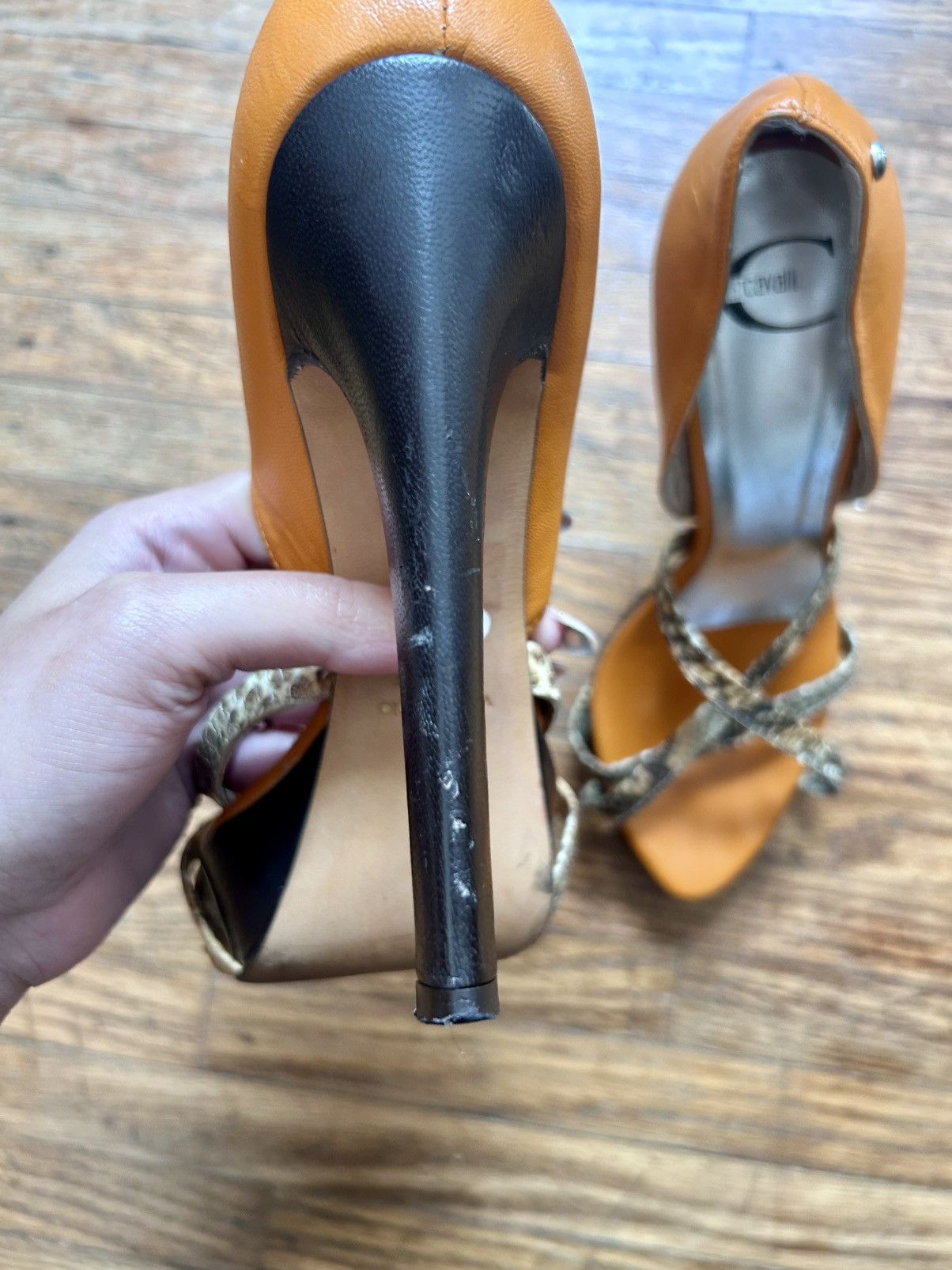 Roberto Cavalli Roberto Cavalli Orange & Black Heels with Snakeskin Straps Size US 7.5 / IT 37.5 - 3 Thumbnail