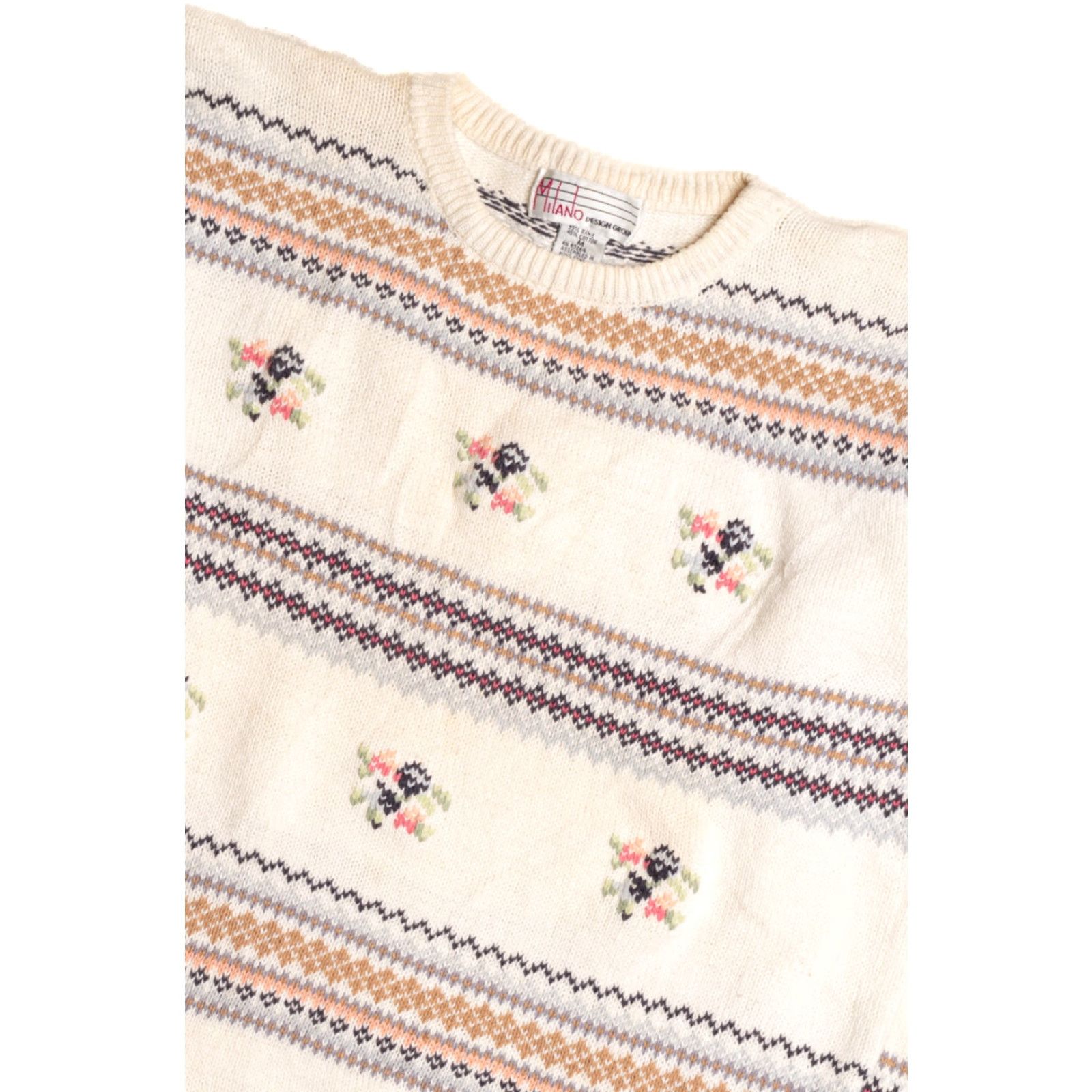 Vintage VINTAGE Milano Fair Isle Sweater Medium White Floral Pattern 1017 Ramie / Cotton Dense Knit Mens Women Girls Boys Size M / US 6-8 / IT 42-44 - 2 Thumbnail