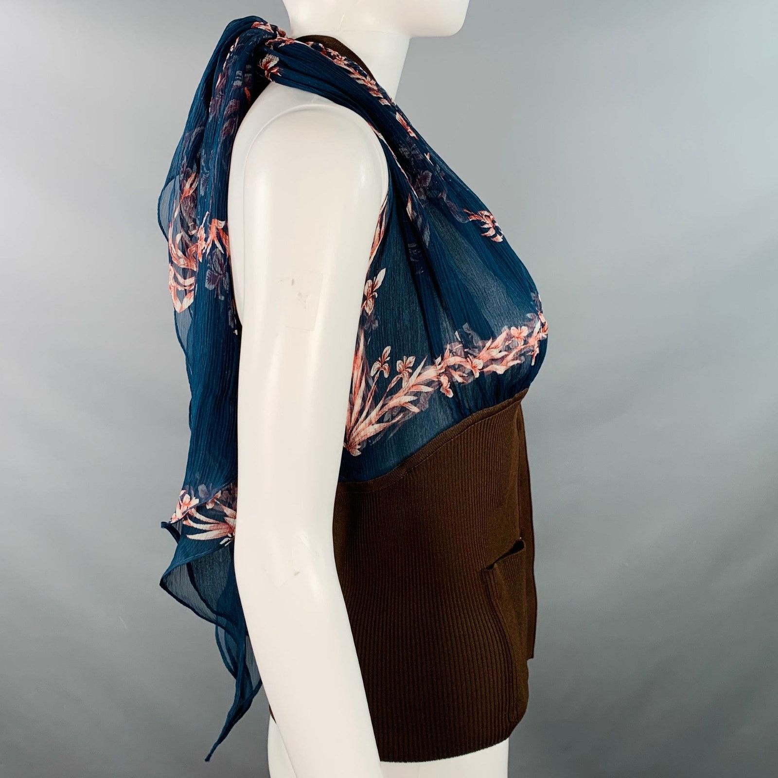 Hermes Brown Cobalt Viscose Blend Silk Scarf Halter Dress Top Size S / US 4 / IT 40 - 3 Thumbnail