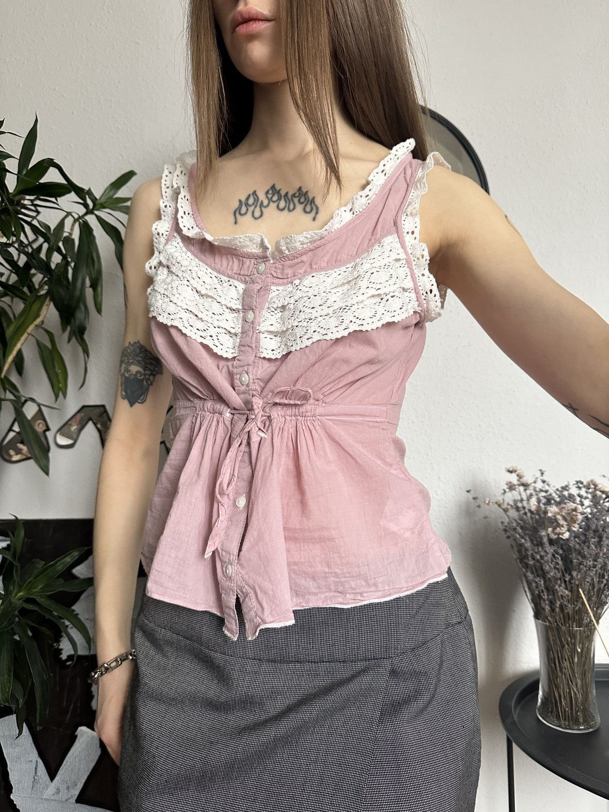 Designer × Vintage Vintage Powder Pink Lace Cute Babydoll Blouse 00s Size M / US 6-8 / IT 42-44 - 2 Thumbnail