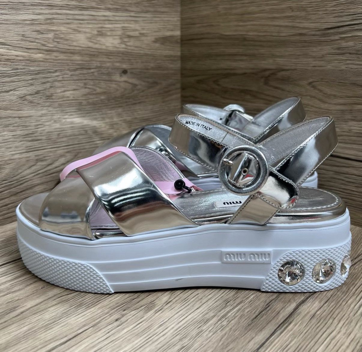 Miu Miu Miu Miu Silver Rhinestone Strappy Platform Sandals J41 Size US 8 / IT 38 - 1 Thumbnail