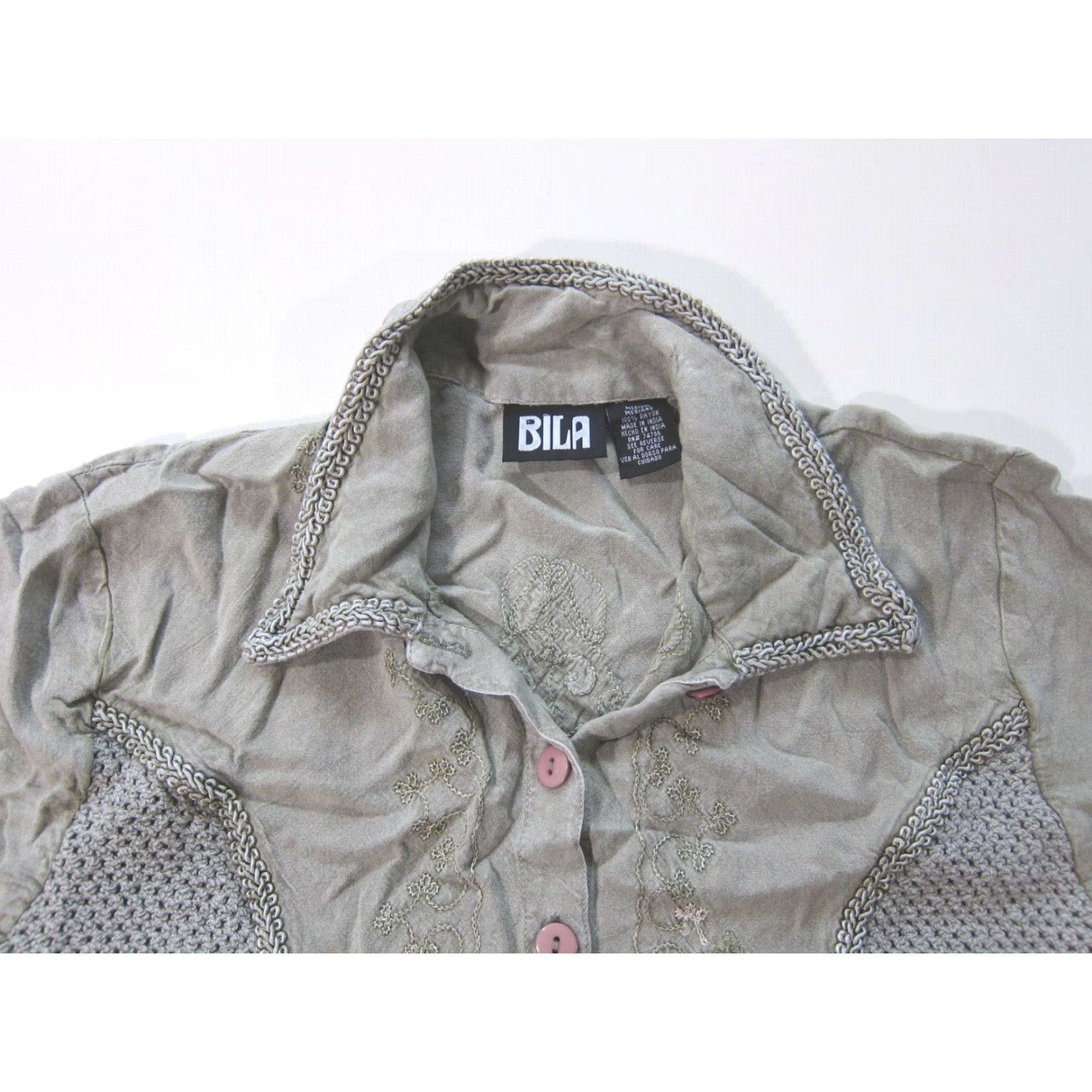Vintage Bila 100% Rayon Green Embroidered Collared Button Down Short Sleeve Shirt Medium Size M / US 6-8 / IT 42-44 - 4 Thumbnail