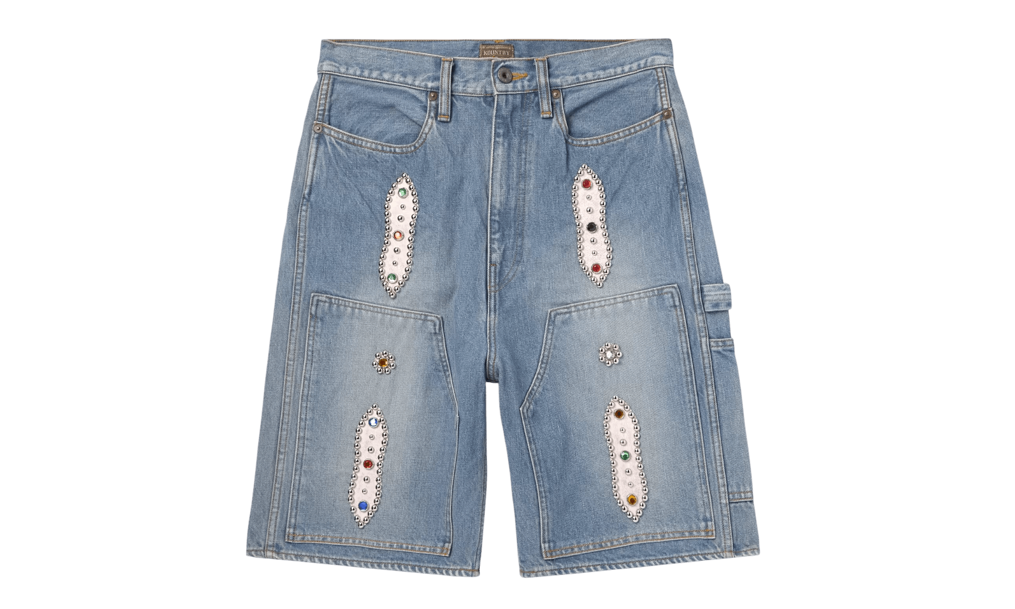Kapital Straight-Leg Leather-Trimmed Embellished Denim Shorts Size US 34 / EU 50 - 1 Preview