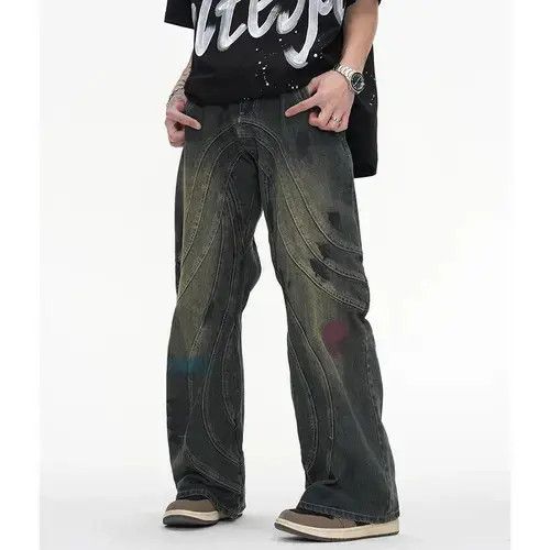 Japanese Brand × Jean Y2K Painted Circle Striped Baggy Jeans Size US 33 - 4 Thumbnail