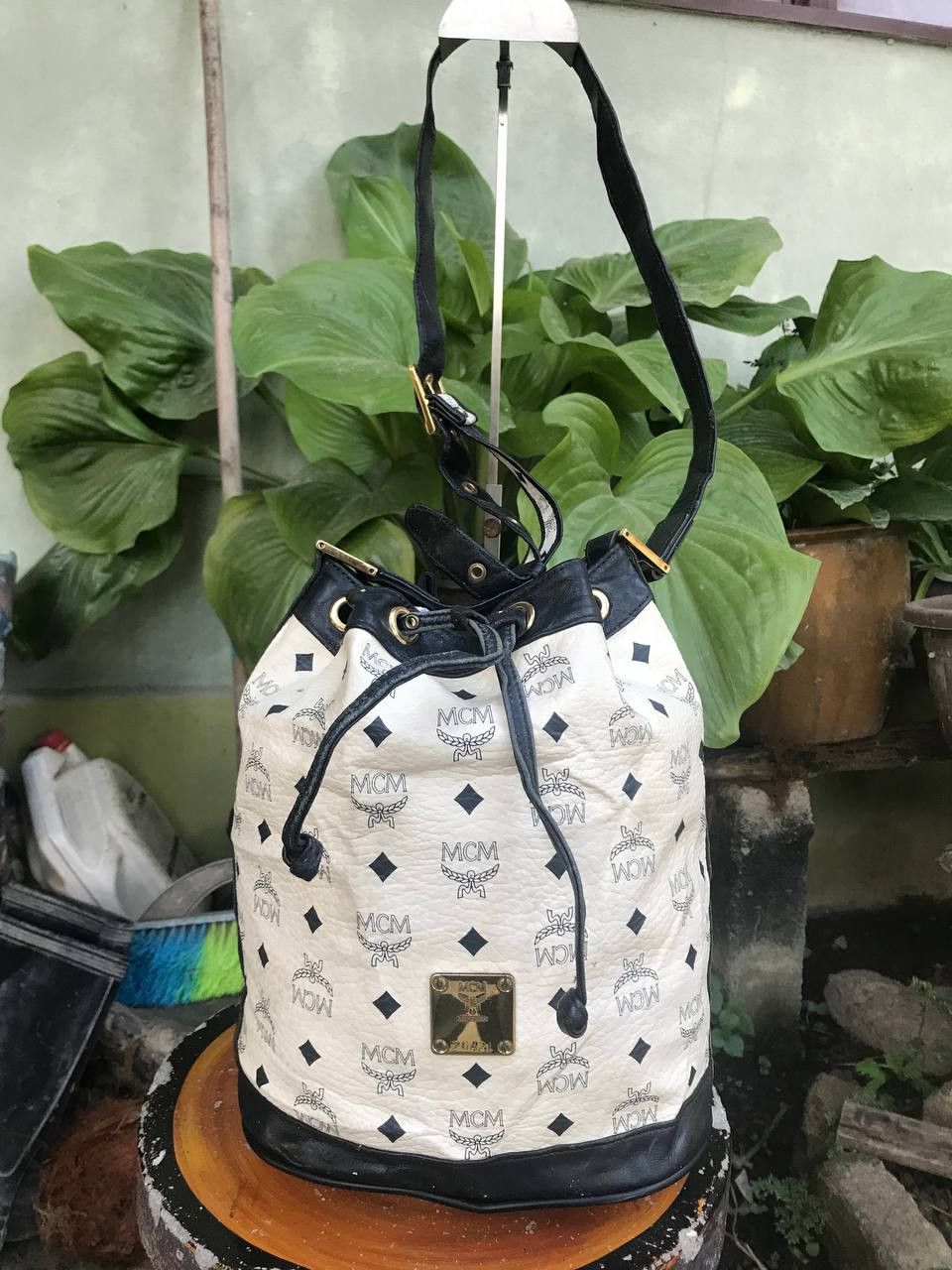 Vintage MCM White Visetos Leather Drawstring Bucket Bag