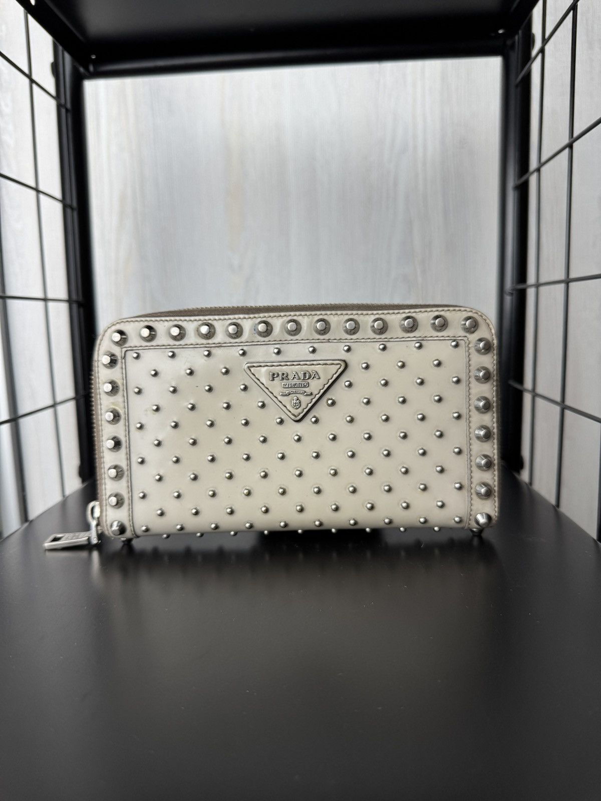 Prada PRADA WALLET STUDDED PURSE GRAY CARDS STUDDED WALLET Grey Size ONE SIZE - 1 Thumbnail
