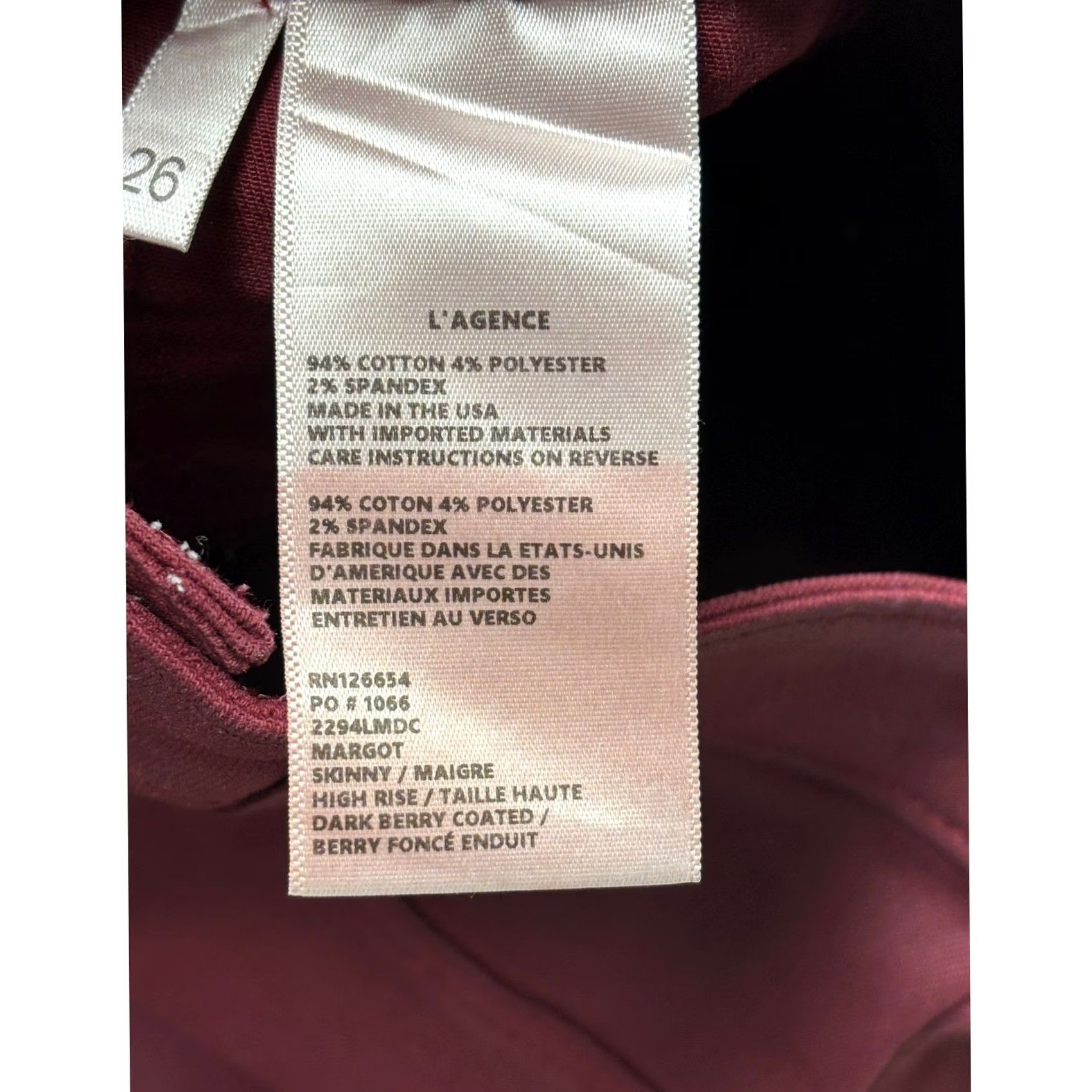 L'AGENCE L'AGENCE Margot High Rise Skinny Jeans Berry Coated Burgundy 26X27 USA Womens Size 26" / US 2 / IT 38 - 4 Thumbnail