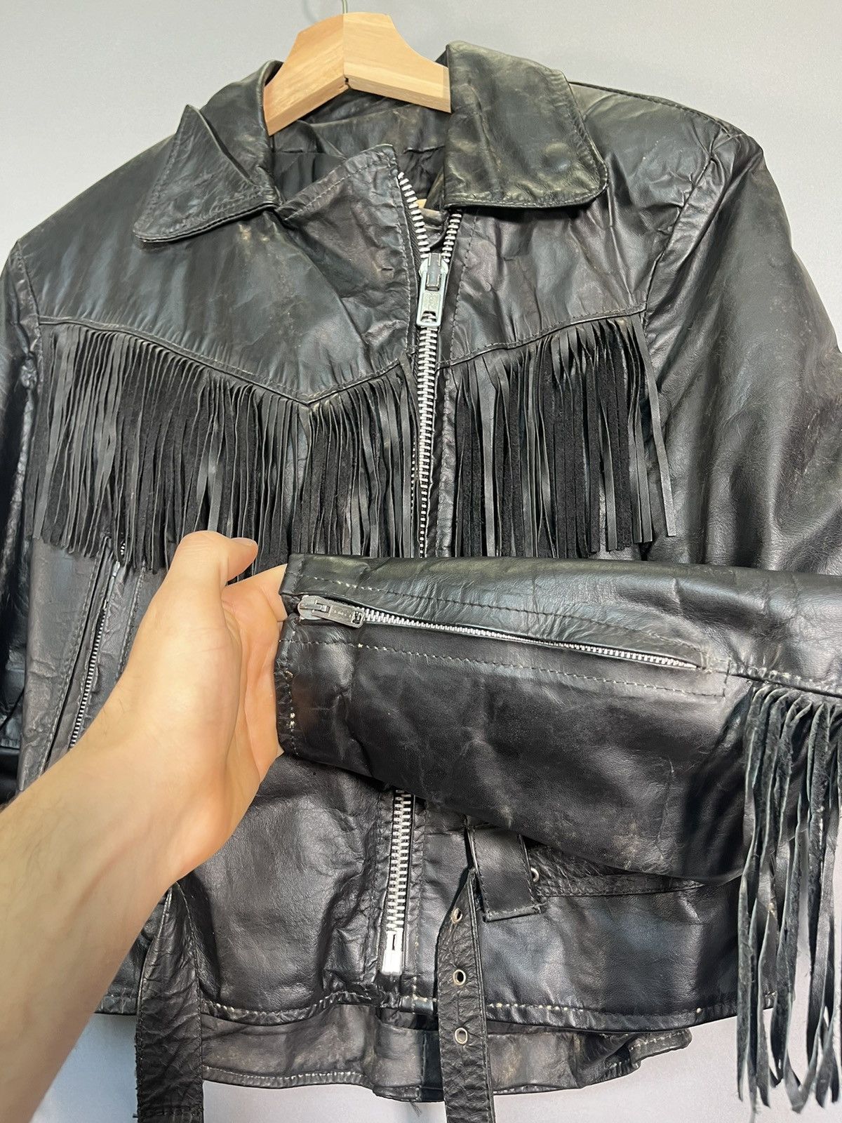 Vintage 1970s / 1980s Vintage Punk Fringe Leather Jacket Made in USA Size XL / US 12-14 / IT 48-50 - 13 Thumbnail