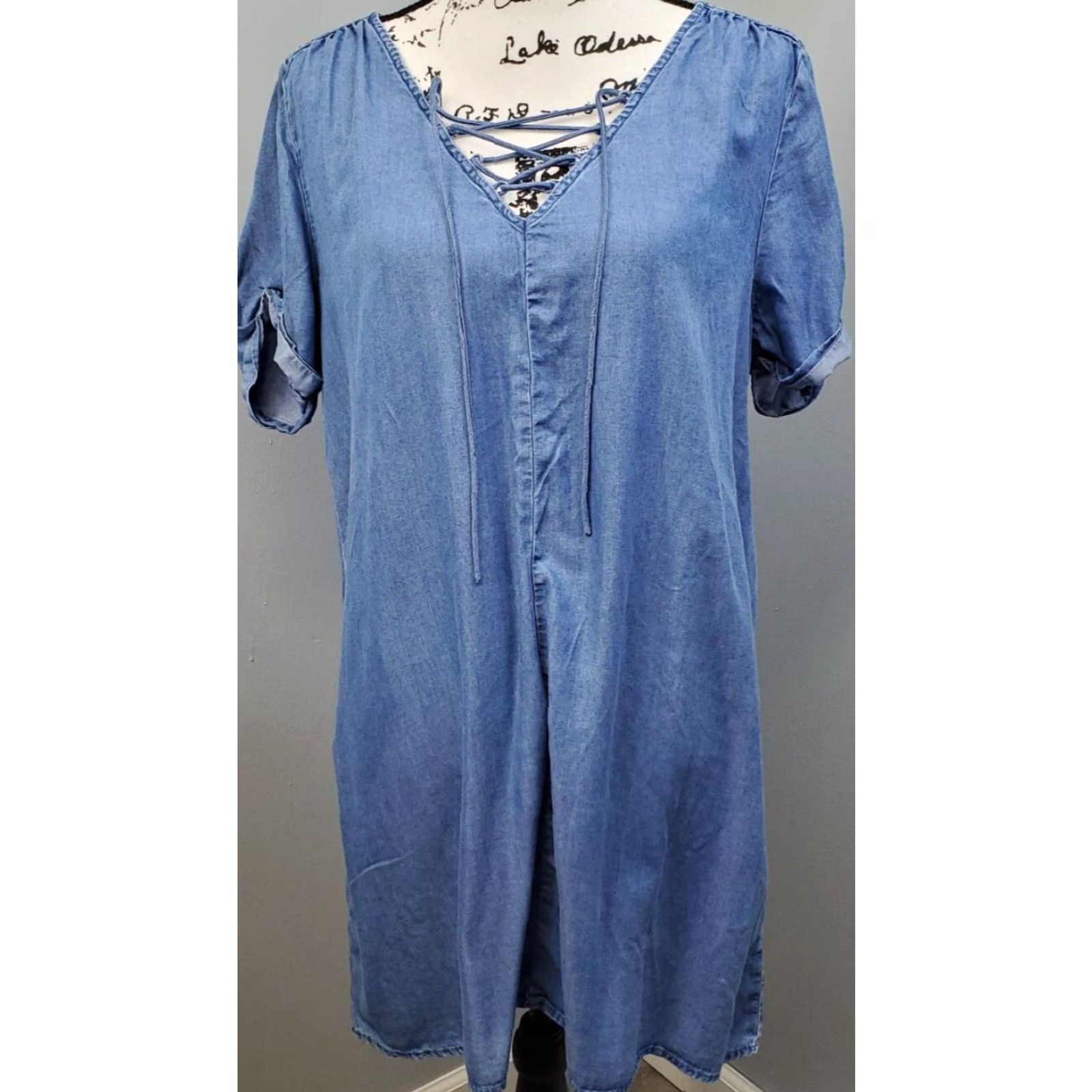 Lucky Brand Lucky Brand Shirt Dress Womens L Blue Lyocell Short Sleeve Lace Up V Neck Size L / US 10 / IT 46 - 2 Thumbnail