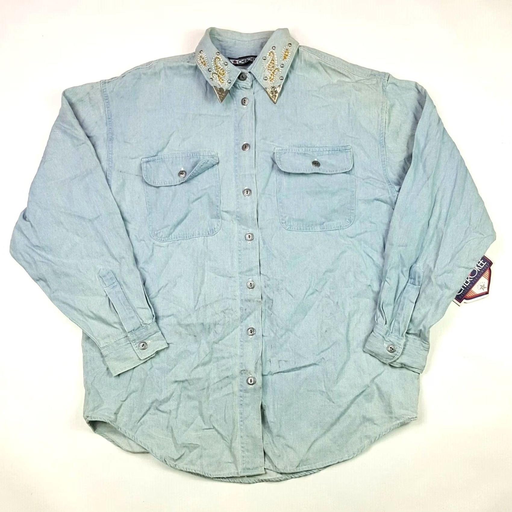 Cherokee VINTAGE Cherokee Western Denim Shirt Womens Size M Button-Up Studded Collared Southwestern Short Sleeve Blue 80s 90s Western Casual Mens? Size M / US 6-8 / IT 42-44 - 2 Thumbnail