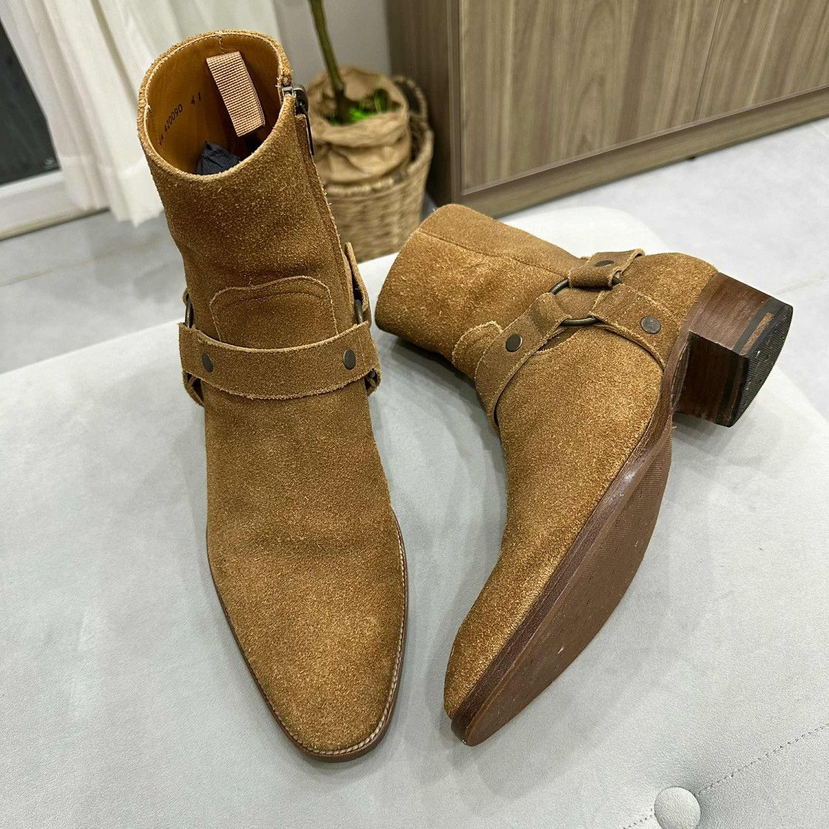 Saint Laurent Paris SAINT LAURENT BROWN SUEDE HARNESS BOOTS IN