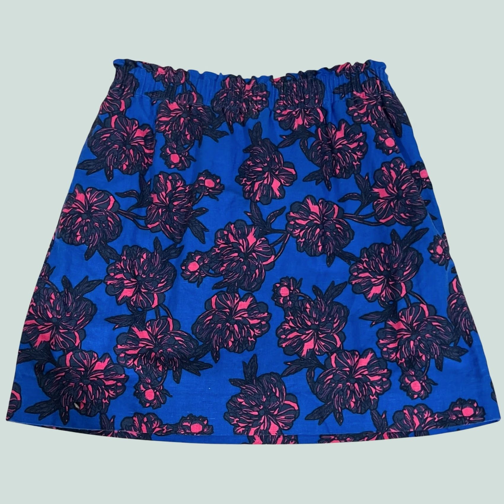 J.Crew J.Crew Floral Cotton Linen Blend Mini Skirt Blue Pink Elastic Waist Pockets 10 Womens Skirt Casual Party/Cocktail Travel Spring Summer Size 32" / US 10 / IT 46 - 1 Thumbnail