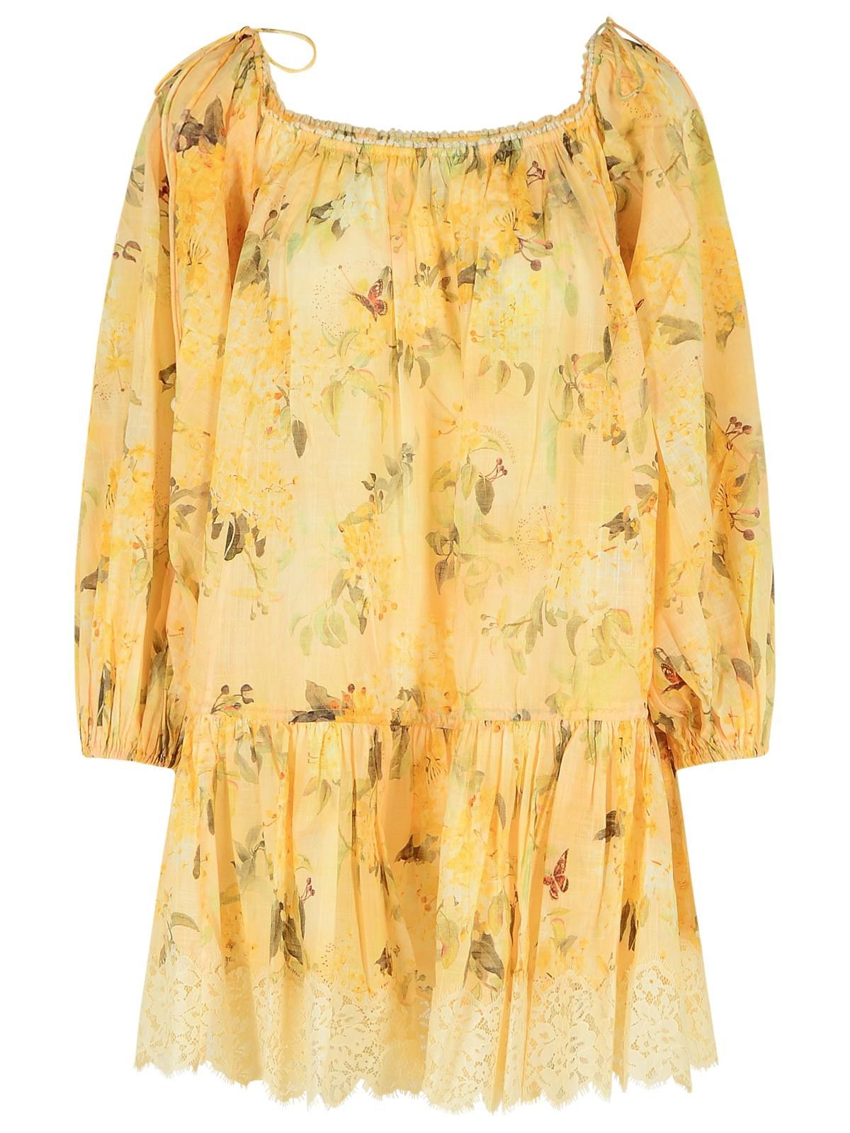 ZIMMERMANN 'Cascadian' Yellow Cotton Mini Dress 'Botanical Flora'