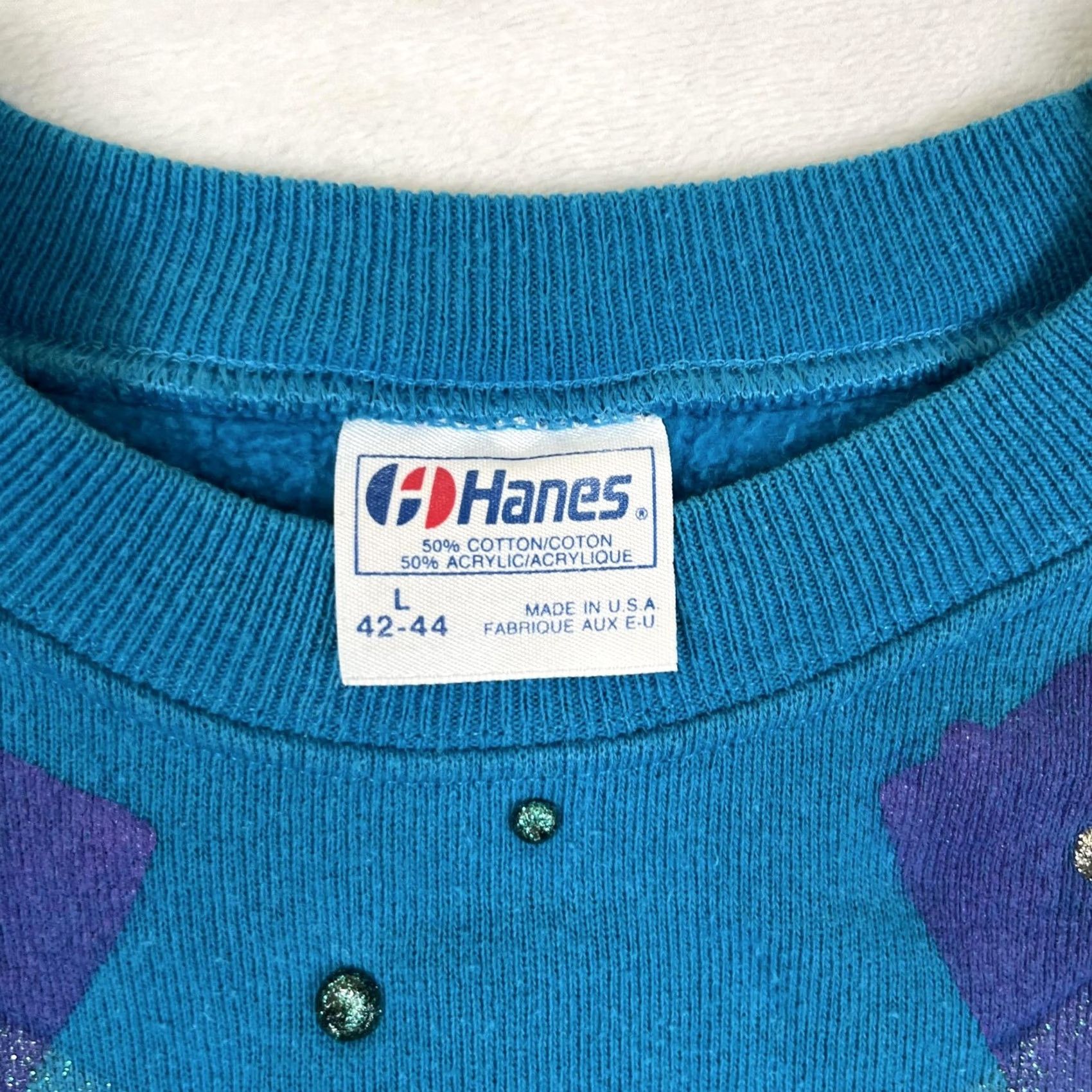 Hanes VINTAGE Hanes Sweatshirt Womens Large Blue Fleece 80s Glitter Studded Graphic Size L / US 10 / IT 46 - 5 Thumbnail