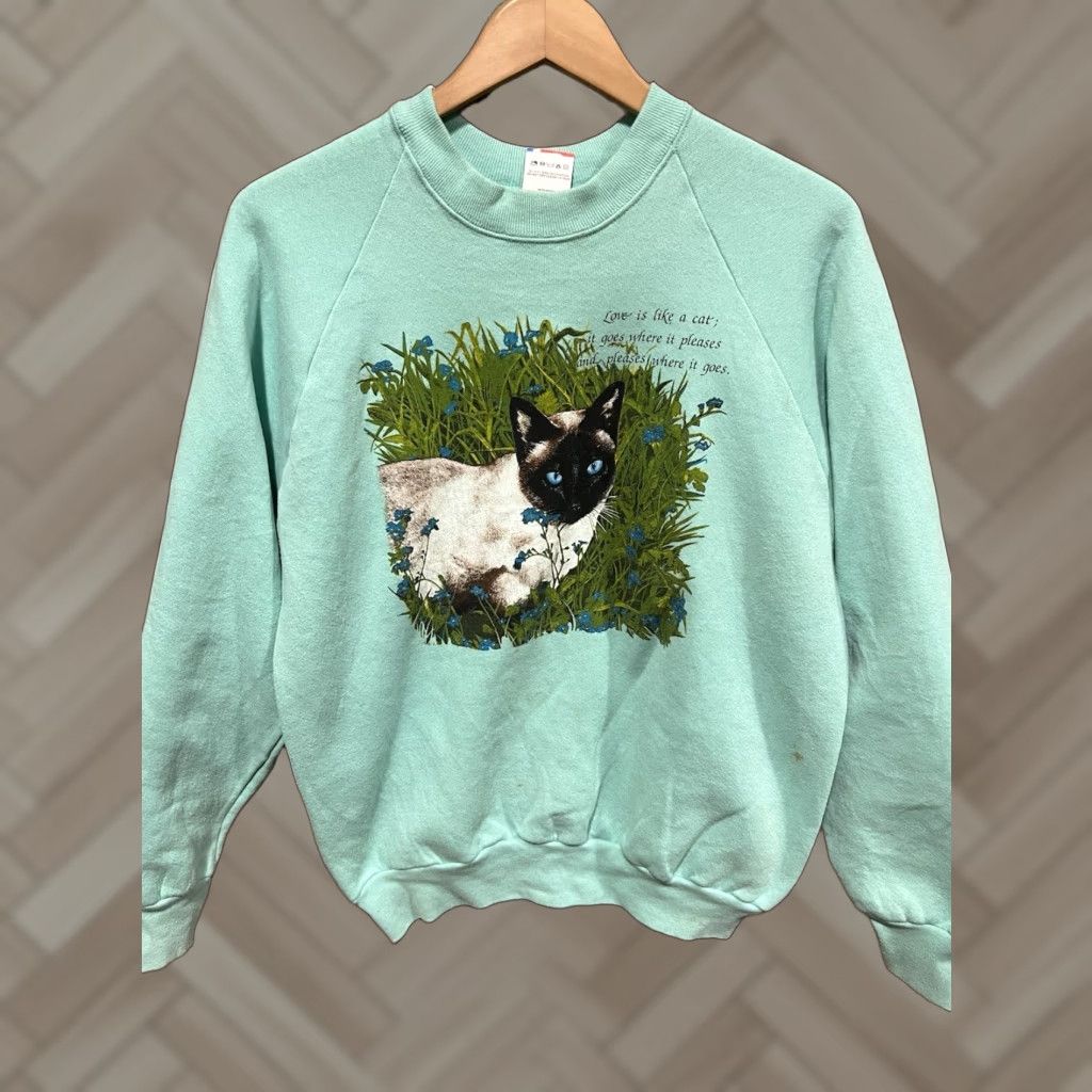 Vintage VINTAGE Cat Sweatshirt Large Blue Men's L Crew Neck Pullover Cat Theme 90s Stains Size US L / EU 52-54 / 3 - 1 Thumbnail