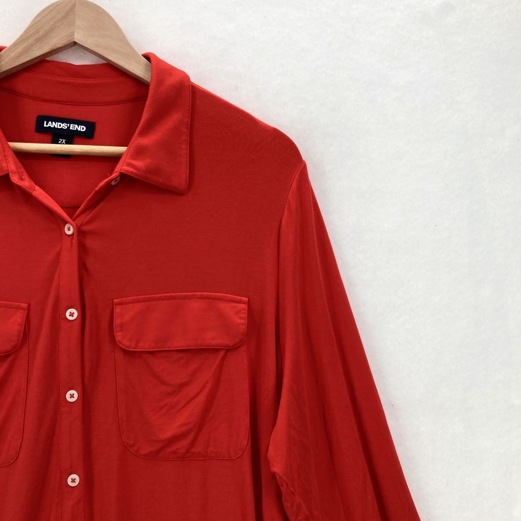 Lands' End Lands' End Shirt Womens 2X Red Button Front Long Sleeve Chest Pockets Lagenlook Size XXL / US 16-18 / IT 52-54 - 2 Thumbnail