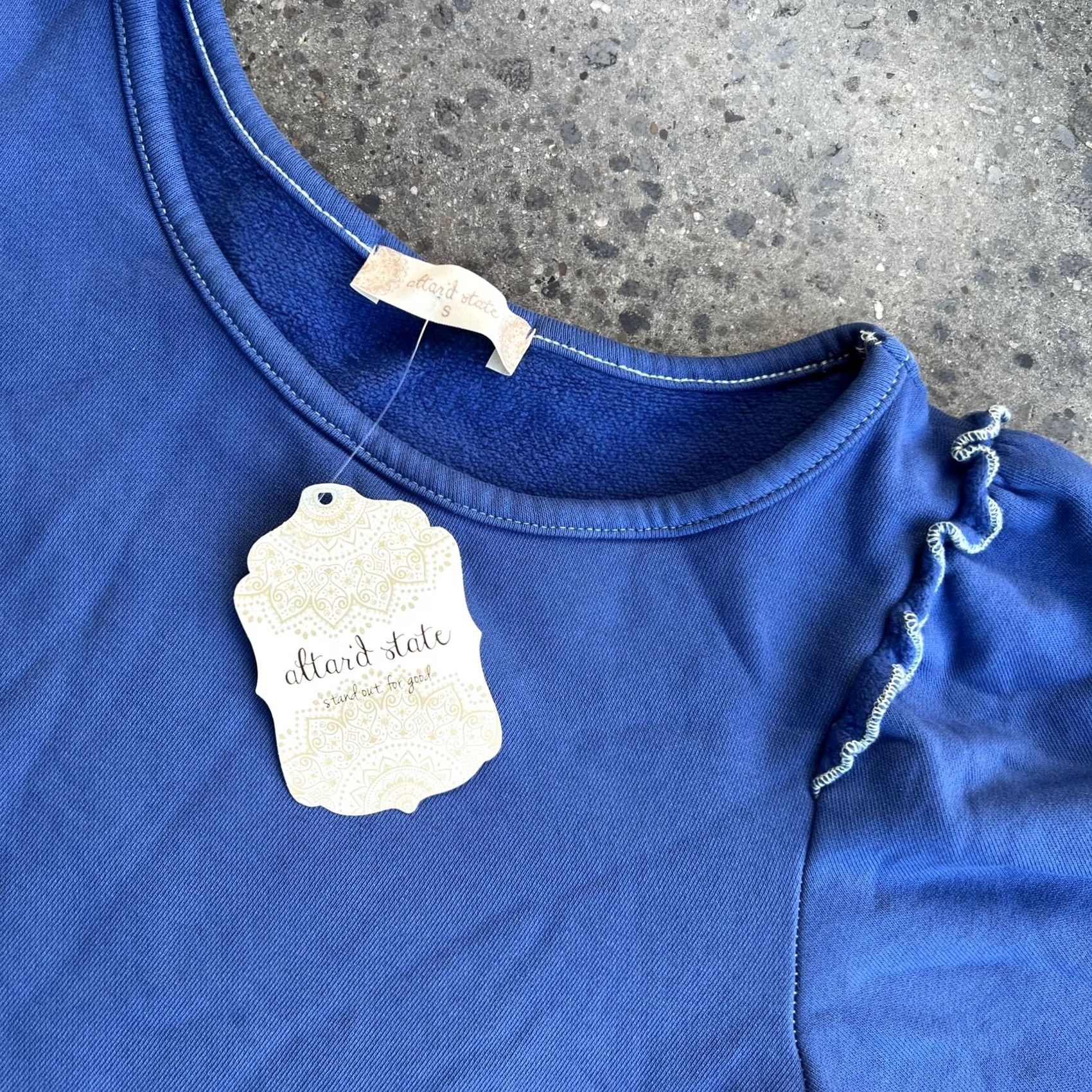 Vintage Altar'd State Shirt Womens Small Blue Cobalt Ruffle Sleeve Terry Knit Cotton Size S / US 4 / IT 40 - 2 Thumbnail