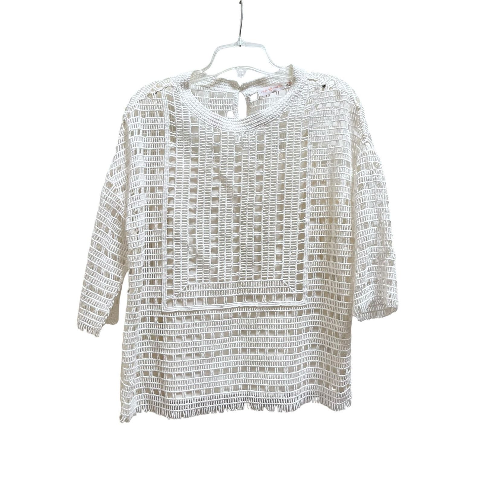 Tory Burch Tory Burch Ivory Open Knit Crochet Lace Short Sleeve Top Size M / US 6-8 / IT 42-44 - 2 Thumbnail