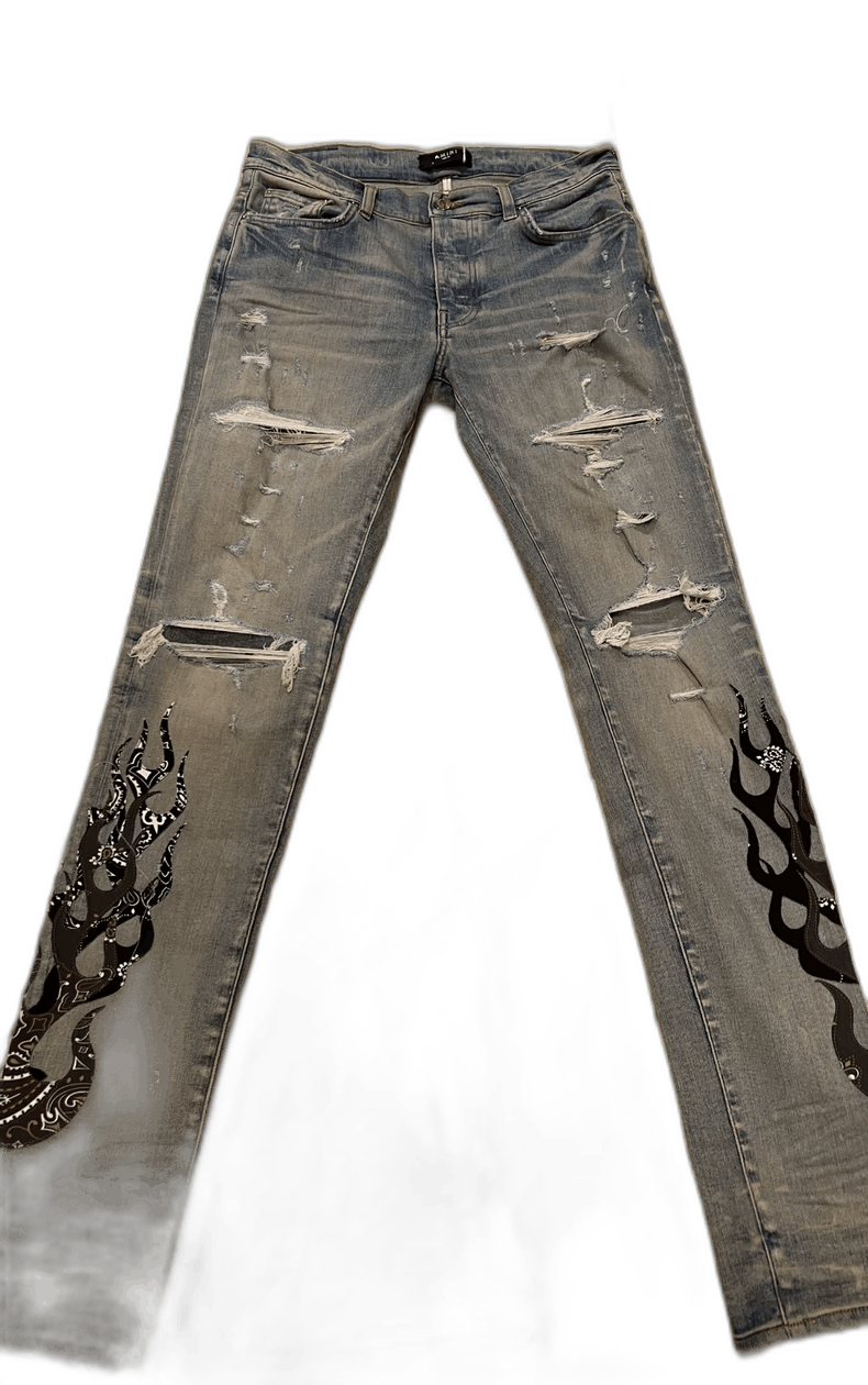 Amiri amiri flame print distressed blue jeans Size US 31 - 1 Thumbnail