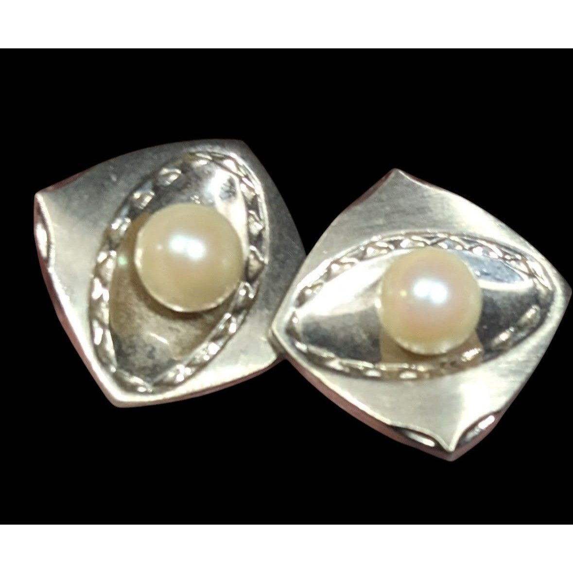 Other Vintage Engraved Square Silver Tone Cufflinks With Faux Pear Size ONE SIZE - 1 Thumbnail