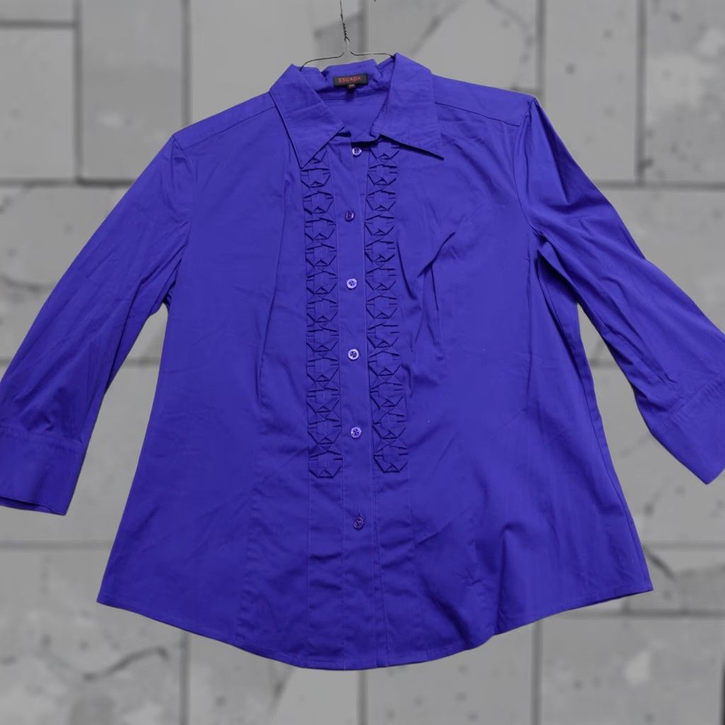 Escada Escada Shirt Womens Medium Blue Tuxedo Ruffles 3/4 Sleeve Cotton Blend Button-Up Size M / US 6-8 / IT 42-44 - 1 Thumbnail