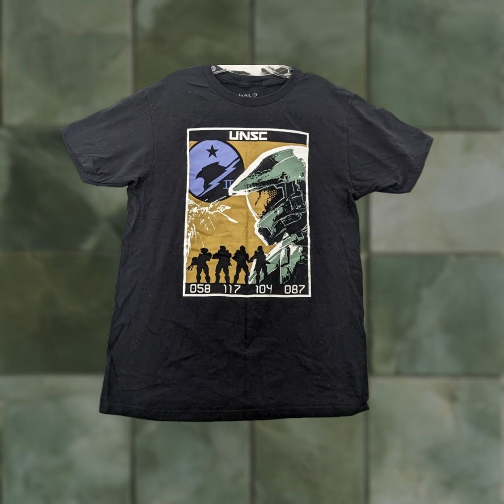 Halo Halo Halo Infinite UNSC Poster Graphic Shirt Mens Medium Black - Gaming Logo Short Sleeve Crew Neck 2020s Mens Size US M / EU 48-50 / 2 - 1 Thumbnail