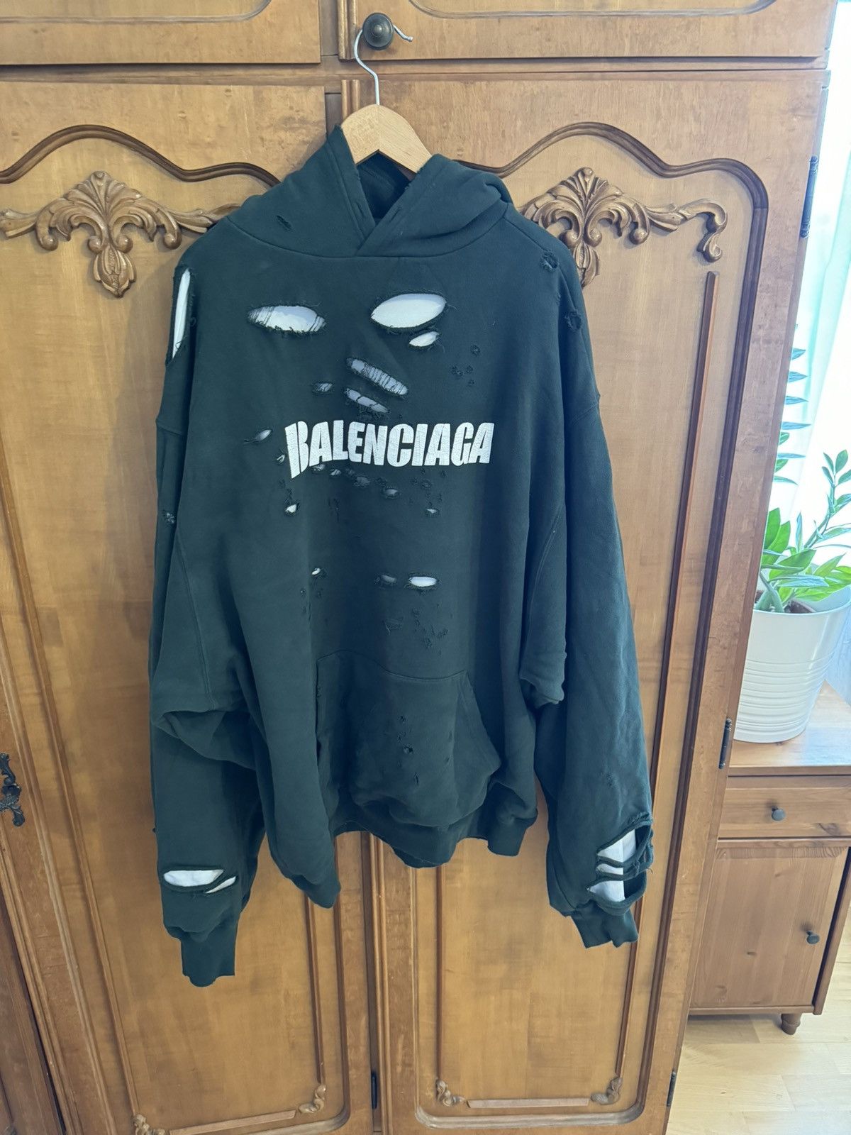 Image of Balenciaga Green Destroyed Hoodie, Men's (Size XS)