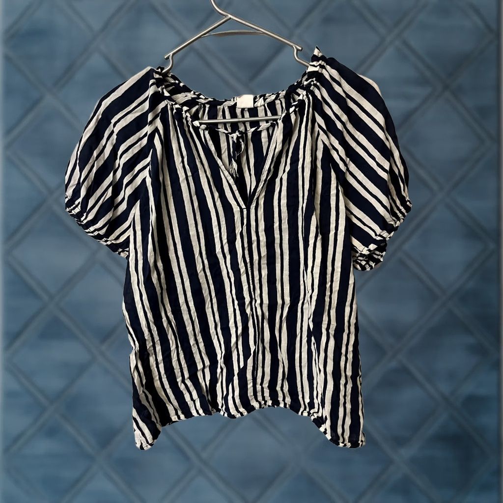 Gap GAP Peasant Blouse Womens Large Navy White Puff Sleeve Split Neck Stretchy Top Size L / US 10 / IT 46 - 1 Thumbnail