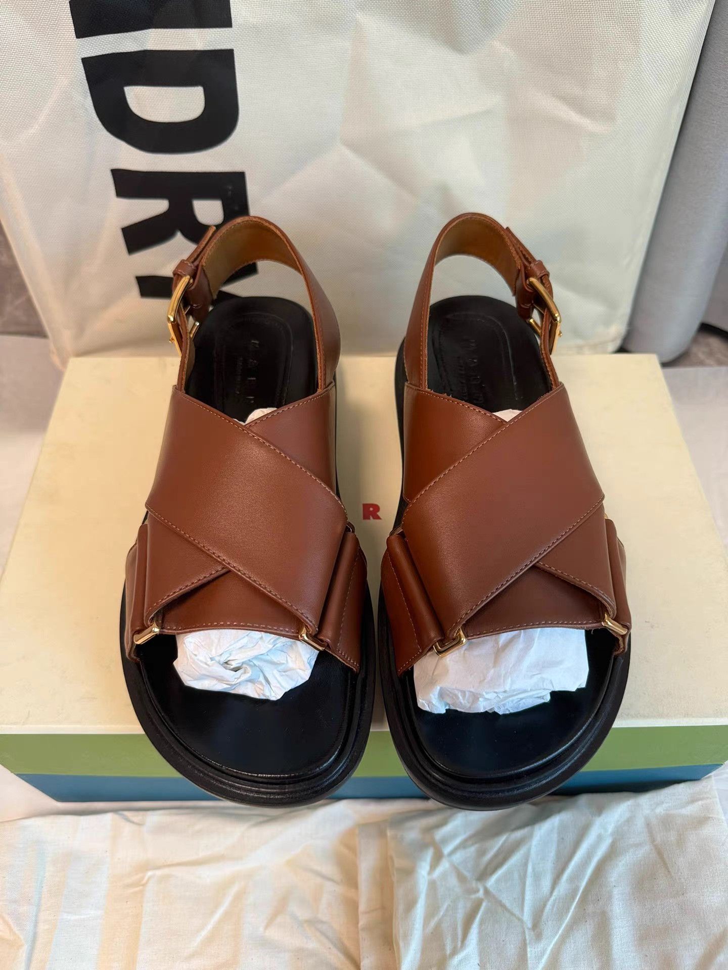Marni Marni Fussbett New Brown Crisscross Strap Slide Sandals K6 Size US 6 / IT 36 - 2 Thumbnail