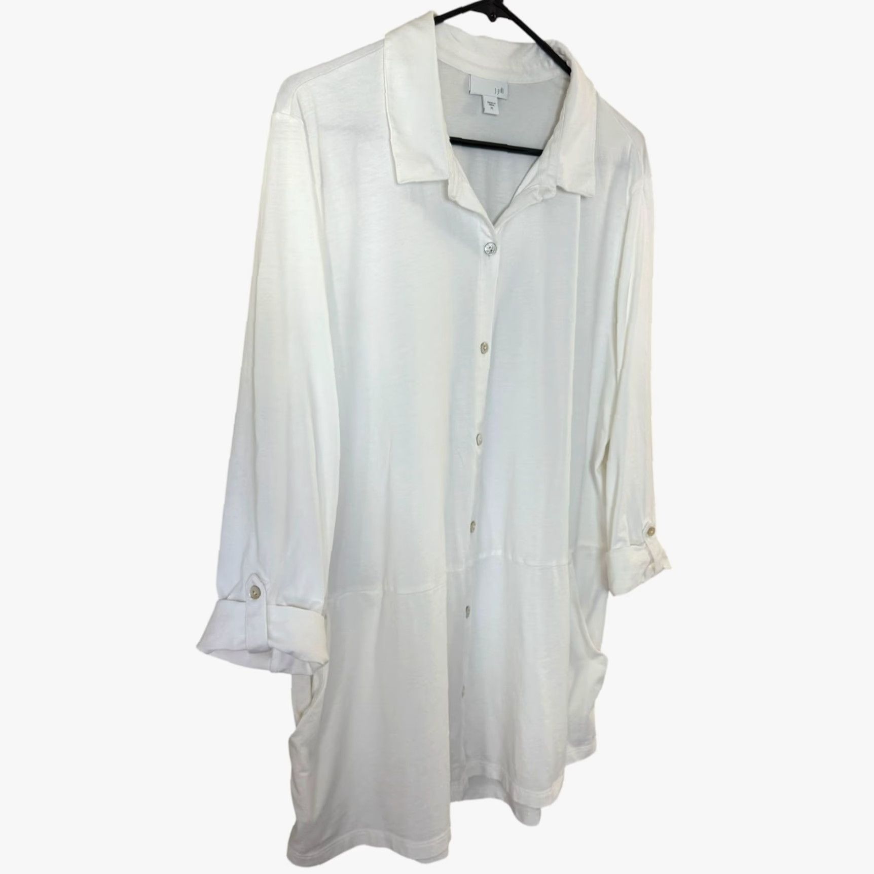 J. Jill J.Jill Pima Cotton Button-Up Tunic Shirt White Women's XL Long Sleeve Roll-Tab Casual Size XL / US 12-14 / IT 48-50 - 3 Thumbnail