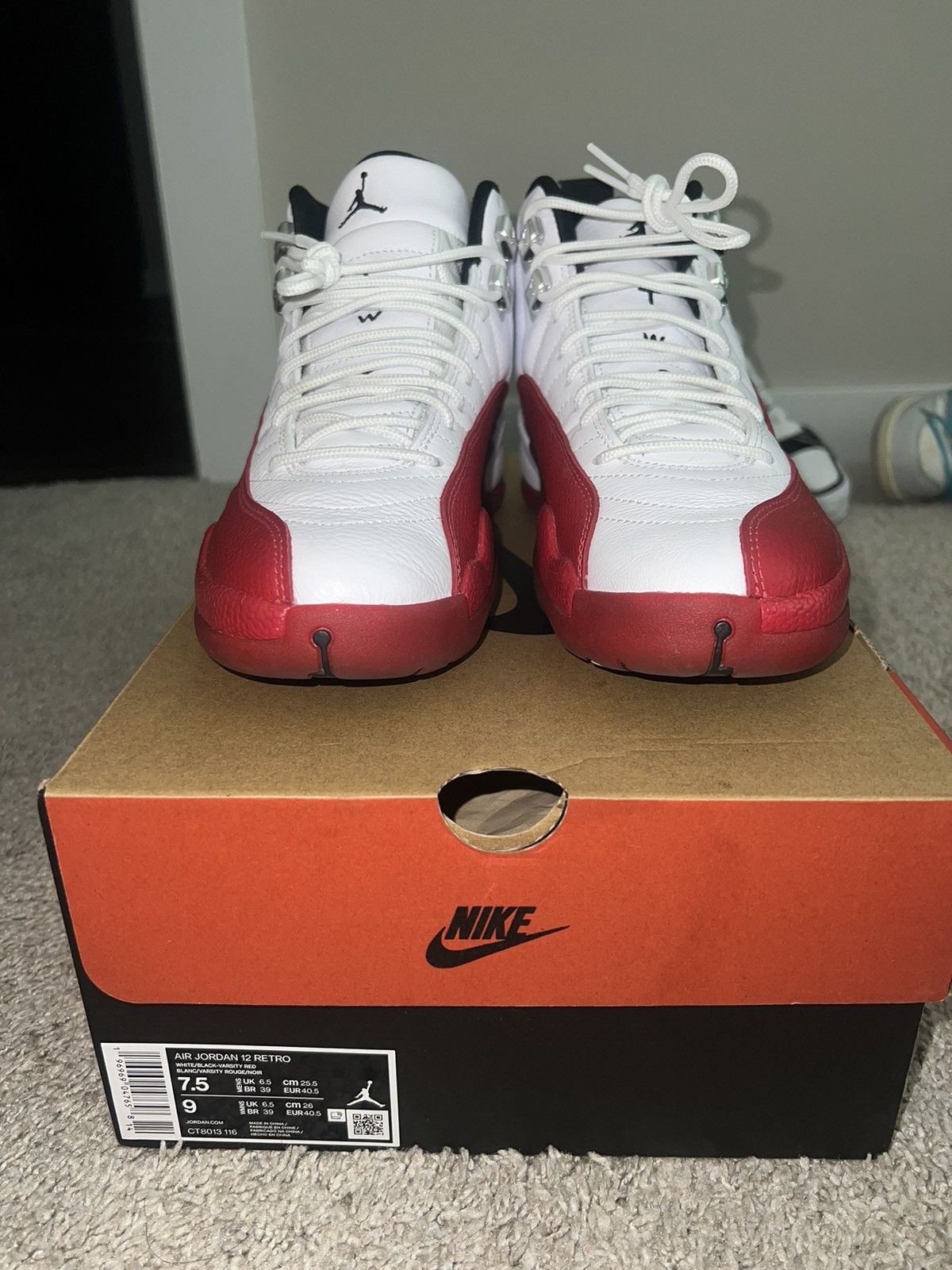image of Jordan Nike Air Jordan 12 Cherry Shoes in White/Red, Men's (Size 7.5)