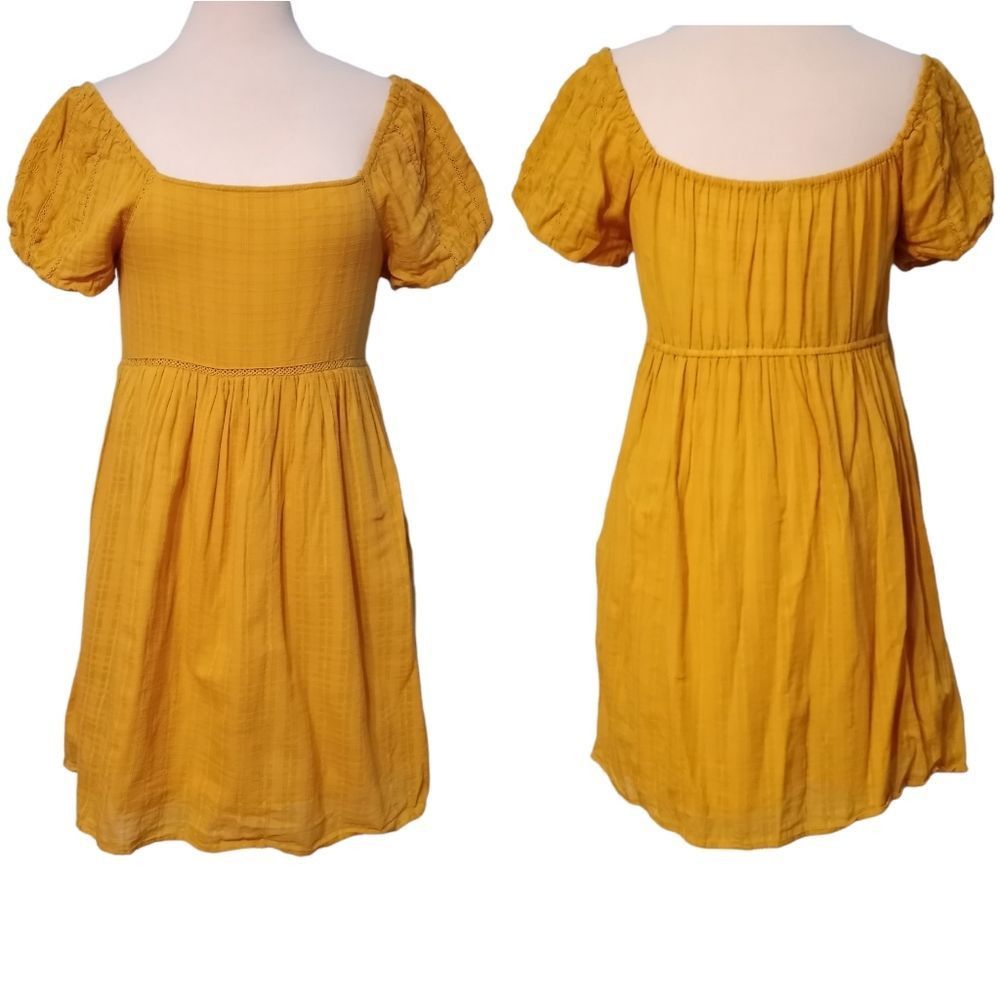 American Eagle Outfitters American Eagle Puff Sleeve Babydoll Mini Dress Small Mustard Size S / US 4 / IT 40 - 1 Thumbnail