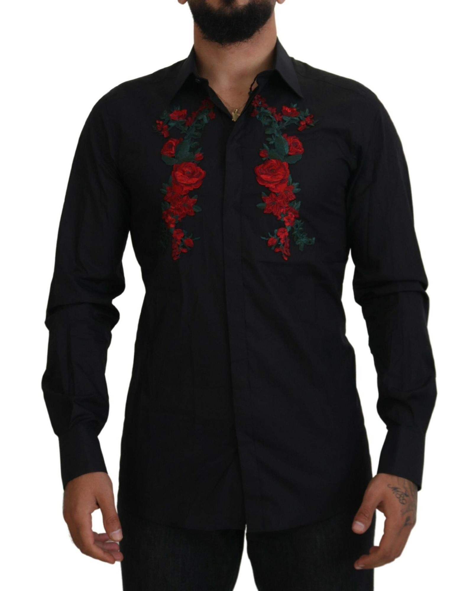 image of Dolce Gabbana Floral Embroidery Long Sleeve Shirt in Black, Men's (Size Medium)