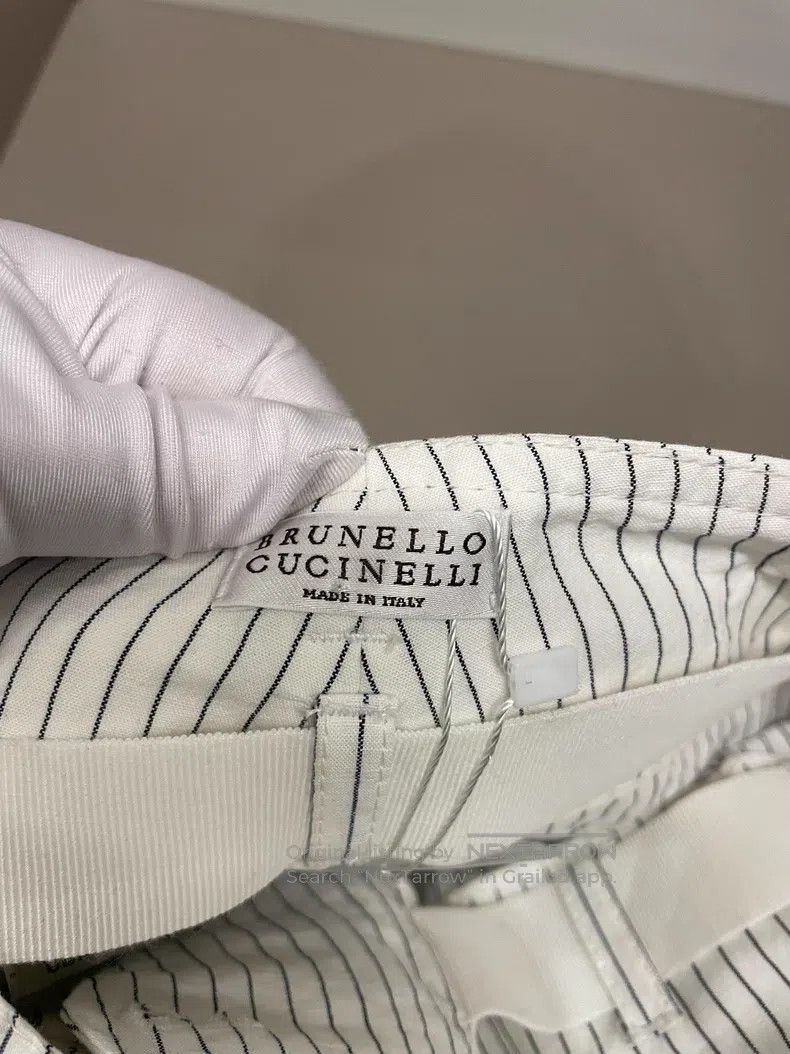 Brunello Cucinelli Brunello Cucinelli White Striped Cotton Linen High-Waisted Size 42" / US 20 - 3 Thumbnail