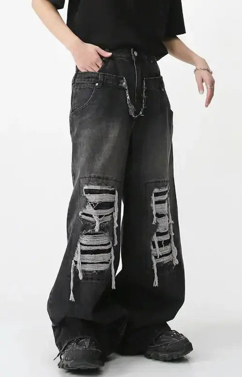 Japanese Brand Double waist ripped patchwork Baggy jean Size US 30 / EU 46 - 3 Thumbnail