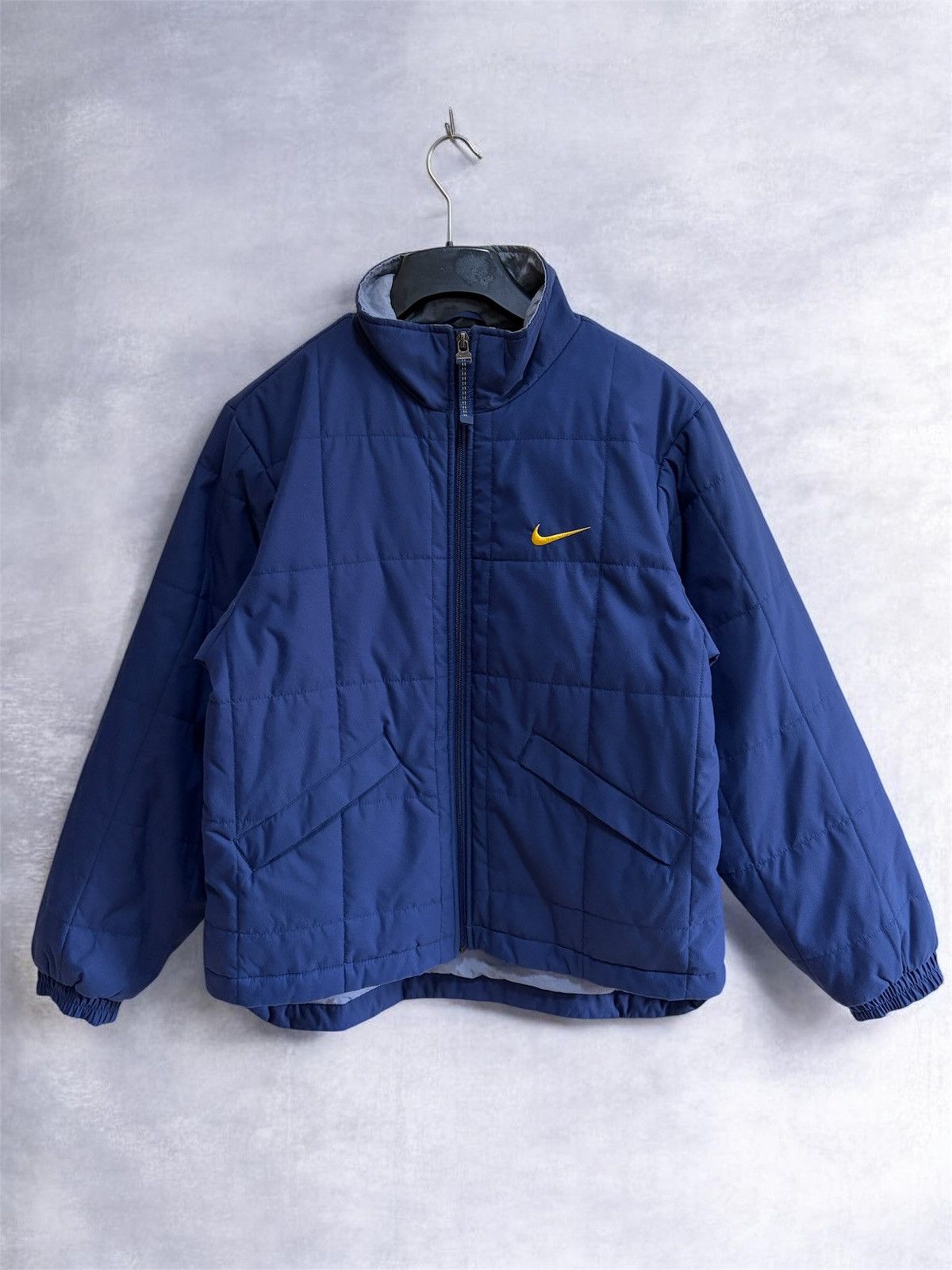 Nike Vintage Nike Quilted Puffer Jacket Navy Blue Yellow Swoosh S Size S / US 4 / IT 40 - 1 Thumbnail