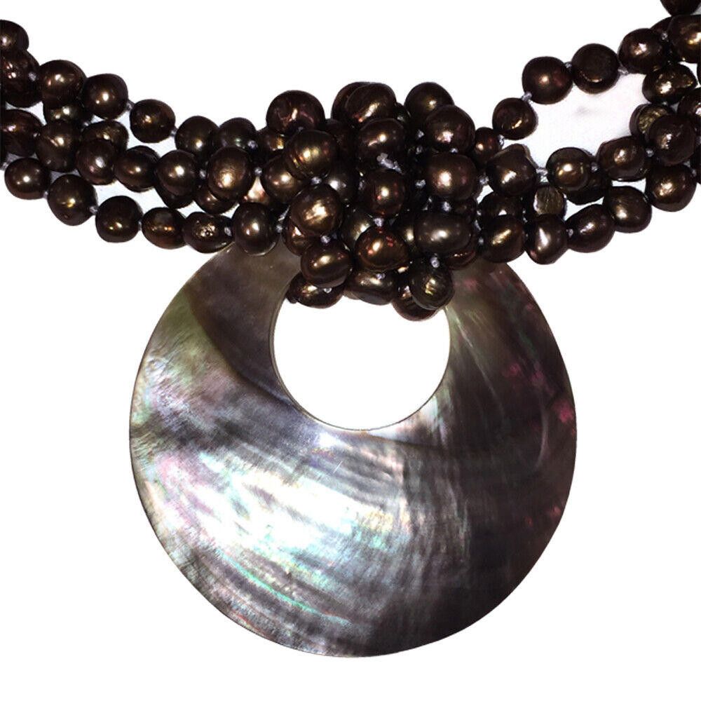 Designer Gray Pearl Torsade Necklace with Abalone Shell Disc Pendant Size ONE SIZE - 2 Thumbnail