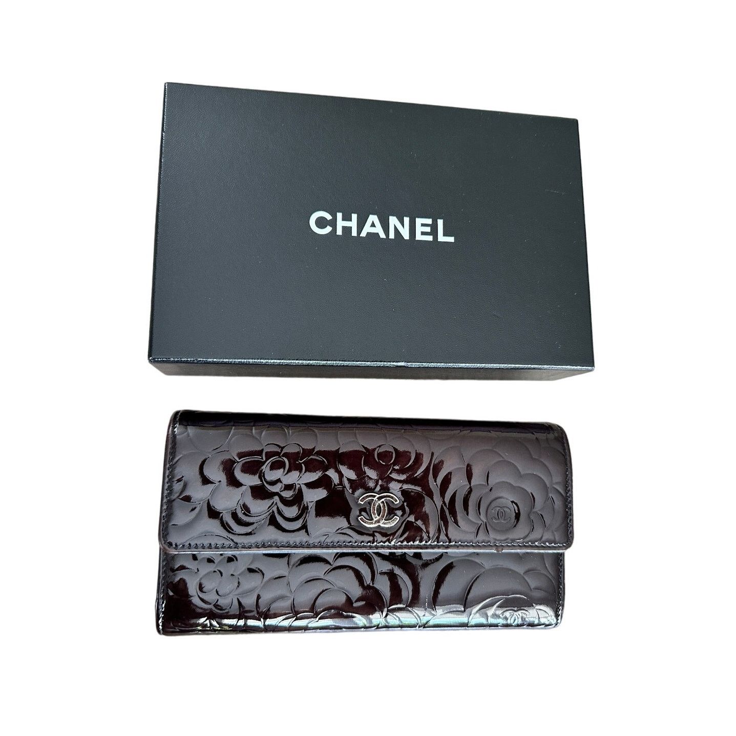 image of Authentic Chanel Camellia Patent Leather Long Wallet in Brown, Women's